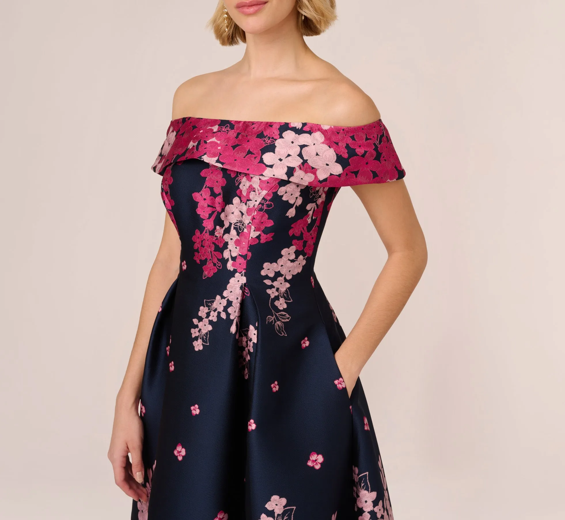 Floral Jacquard Ankle Length Dress With Off The Shoulder Neckline In Navy Pink Multi sold by Adrianna Papell product image thumbnail 3