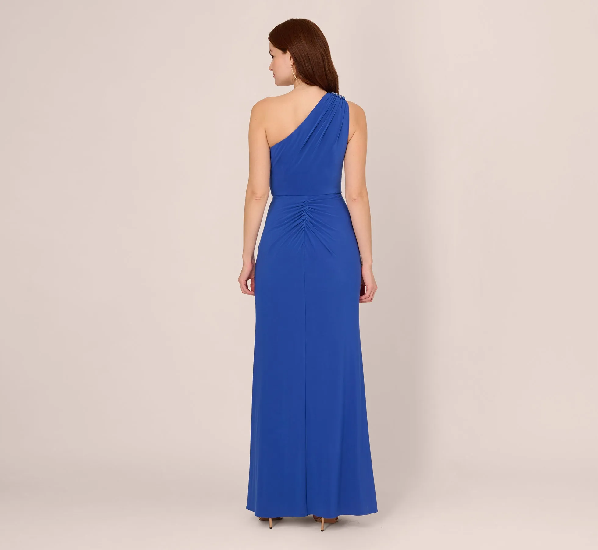 One Shoulder Draped Jersey Gown With Floral Sequin Accents In Brilliant Sapphire sold by Adrianna Papell product image thumbnail 4