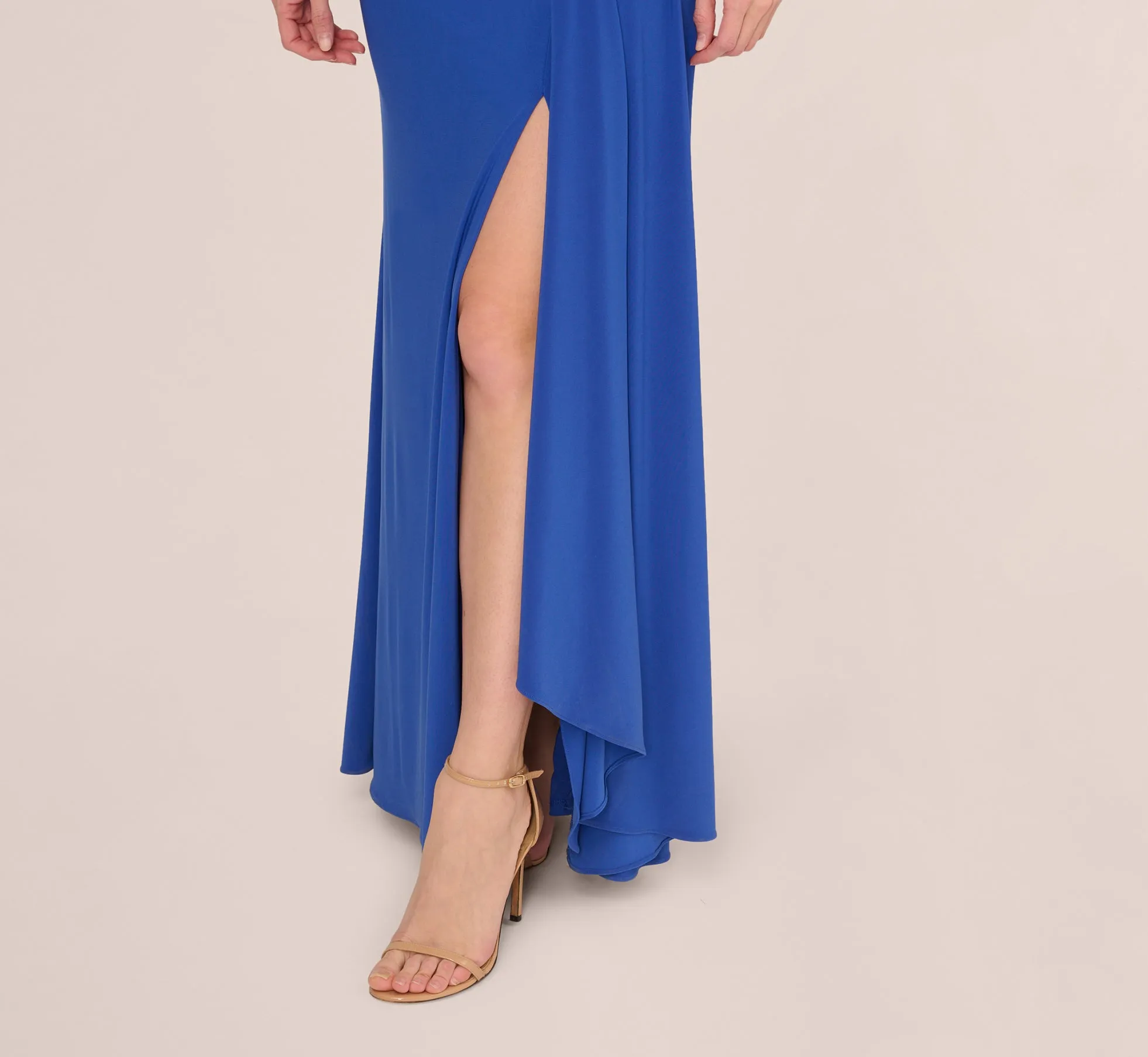 One Shoulder Draped Jersey Gown With Floral Sequin Accents In Brilliant Sapphire sold by Adrianna Papell product image thumbnail 5