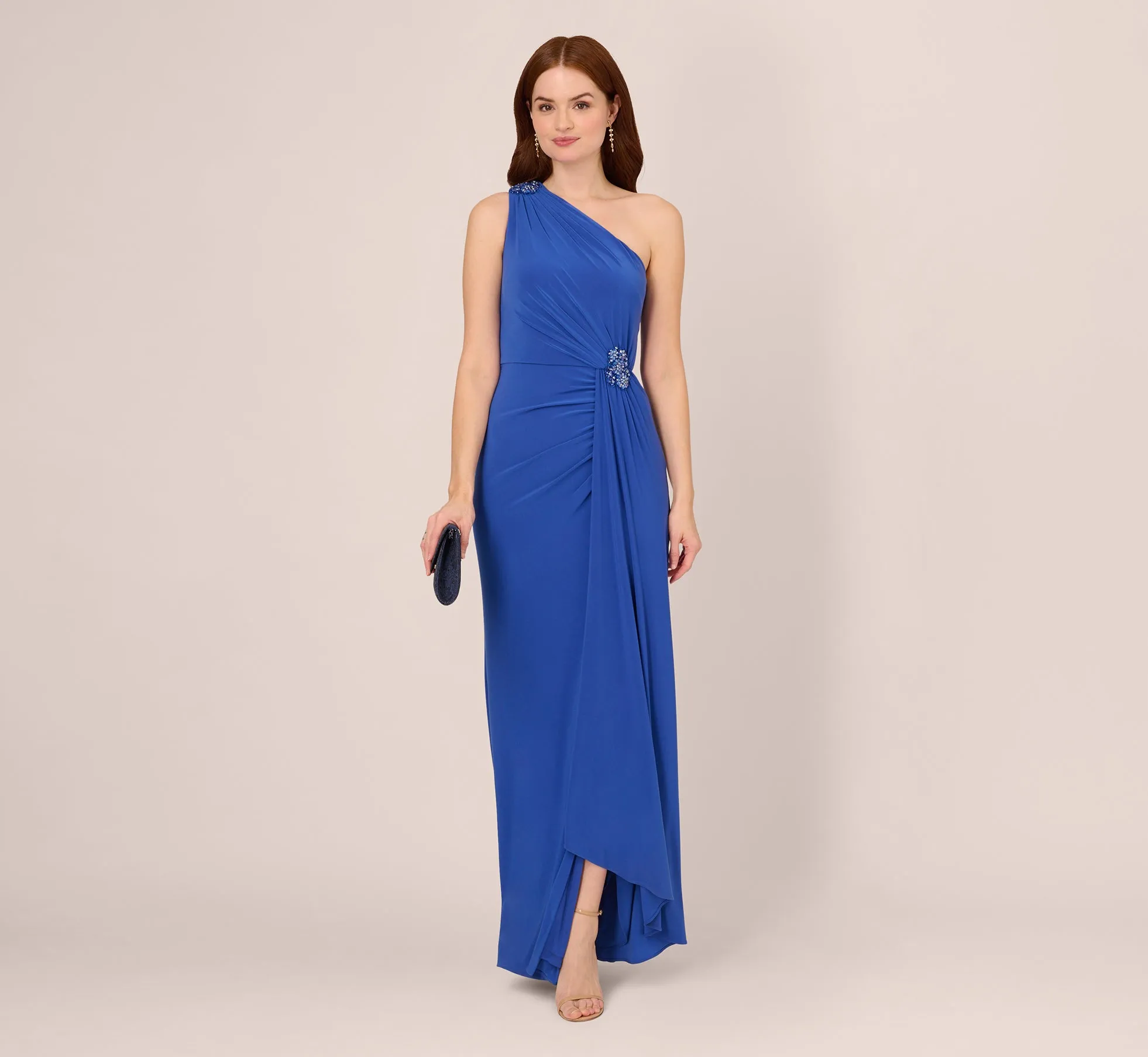 One Shoulder Draped Jersey Gown With Floral Sequin Accents In Brilliant Sapphire sold by Adrianna Papell product image thumbnail 2