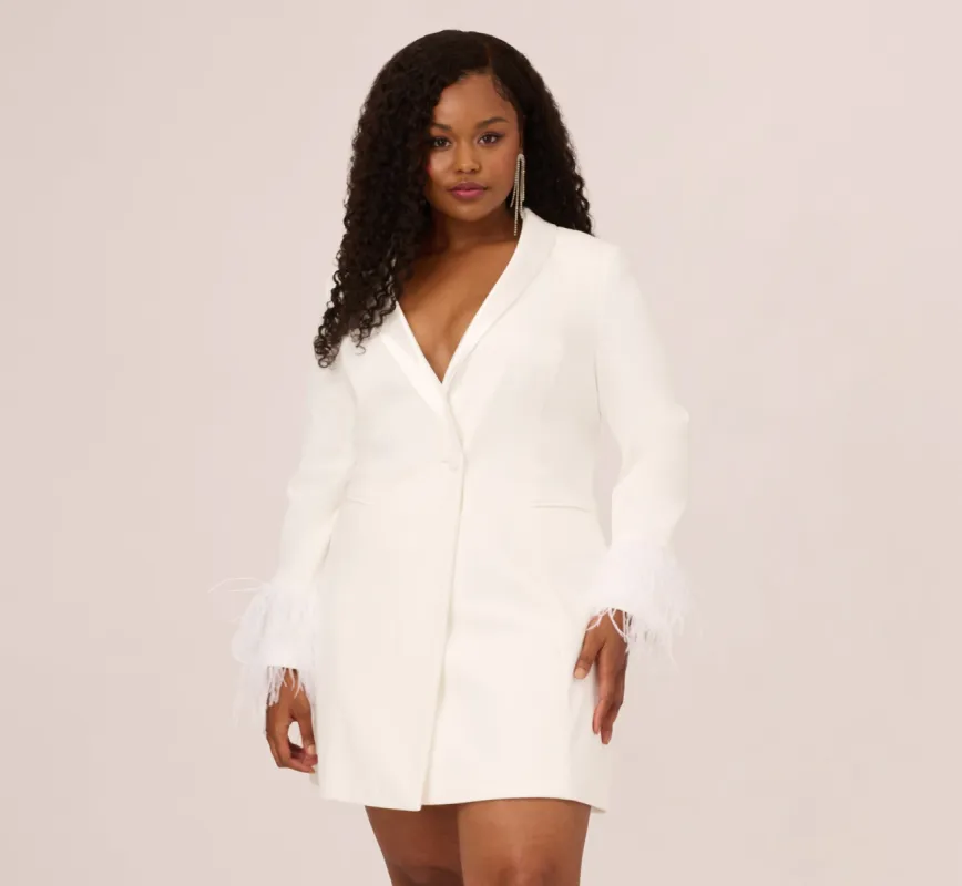 Plus Size Knit Crepe Long Sleeve Blazer Dress With Feather Trim In Ivory sold by Adrianna Papell