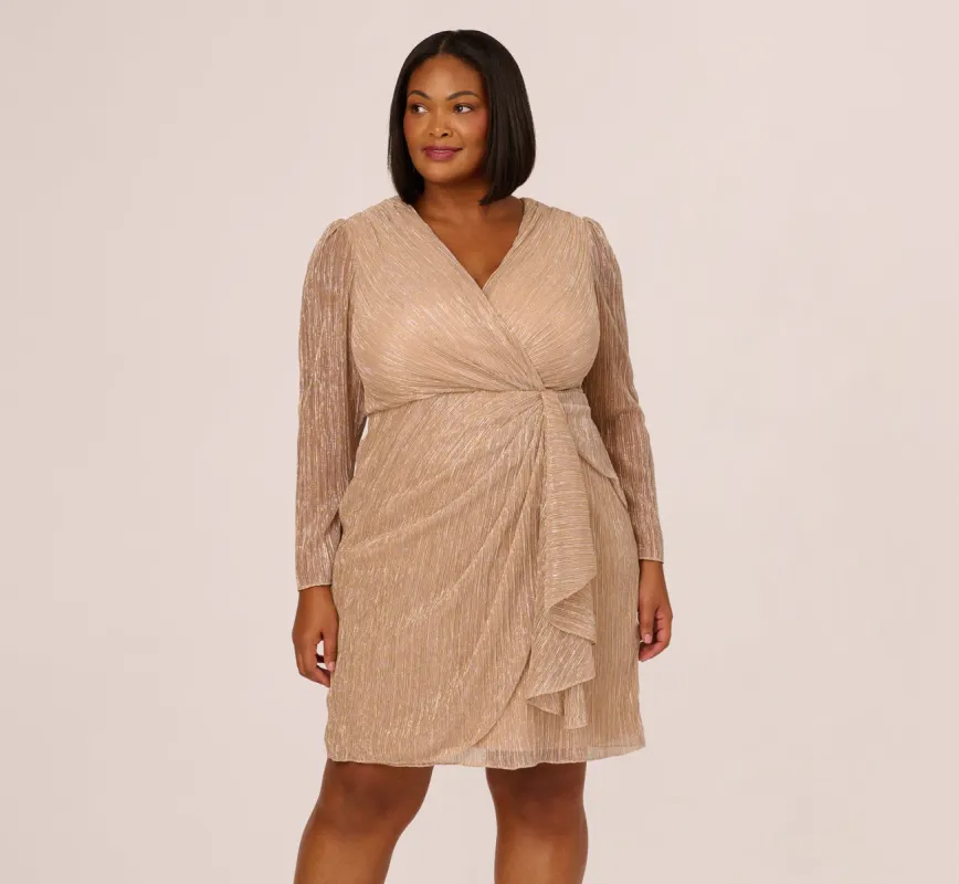 Plus Size Metallic Long Sleeve Dress With Draped Details In Light Gold sold by Adrianna Papell