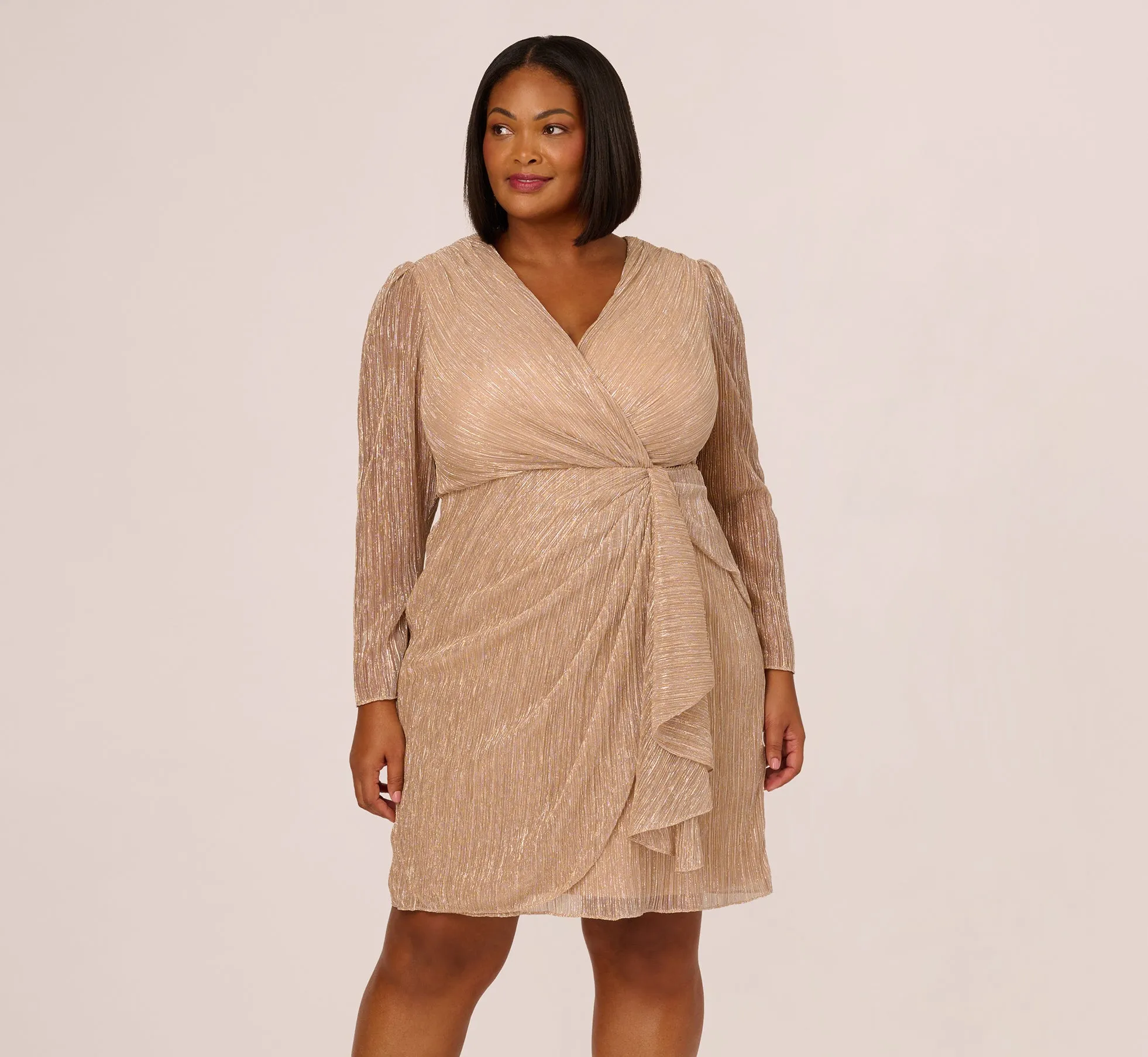 Plus Size Metallic Long Sleeve Dress With Draped Details In Light Gold sold by Adrianna Papell