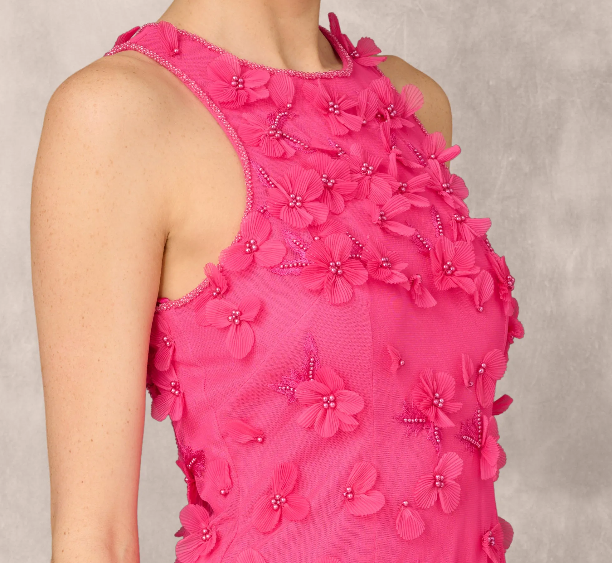 3D Floral And Bead Embellished Midi Dress With Flounce Skirt In Electric Pink sold by Adrianna Papell product image thumbnail 3