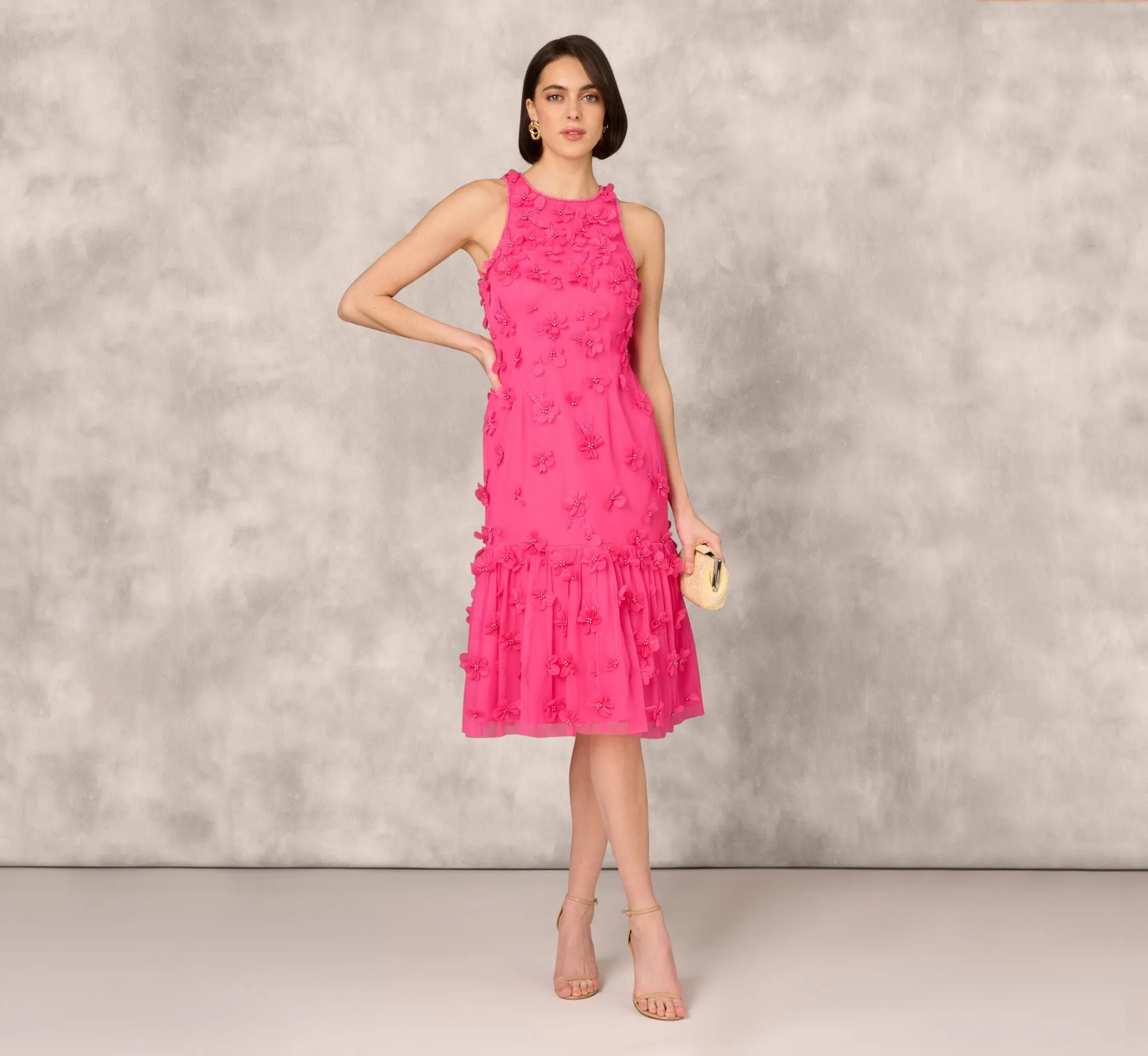 3D Floral And Bead Embellished Midi Dress With Flounce Skirt In Electric Pink sold by Adrianna Papell product image thumbnail 2