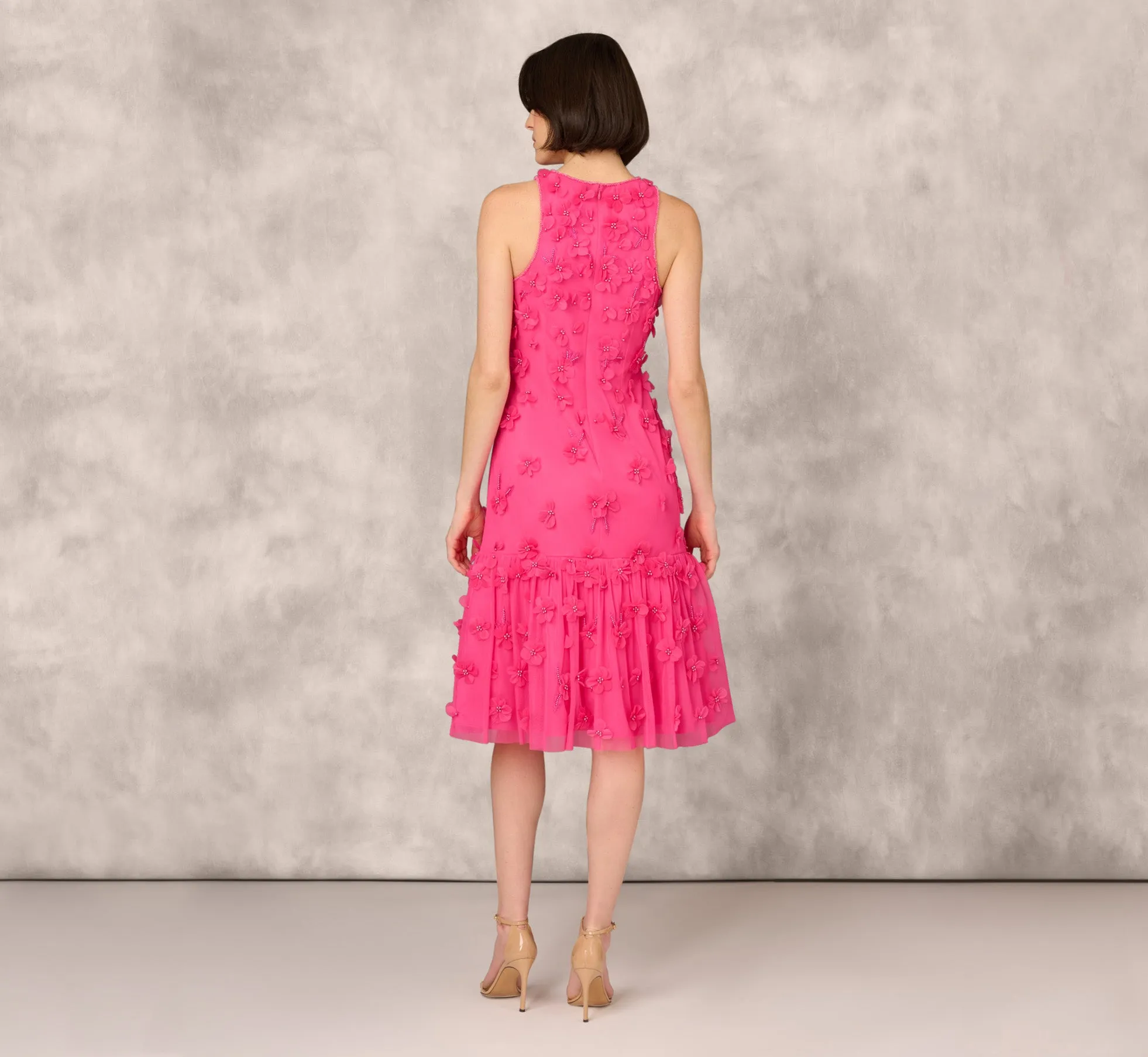 3D Floral And Bead Embellished Midi Dress With Flounce Skirt In Electric Pink sold by Adrianna Papell product image thumbnail 4