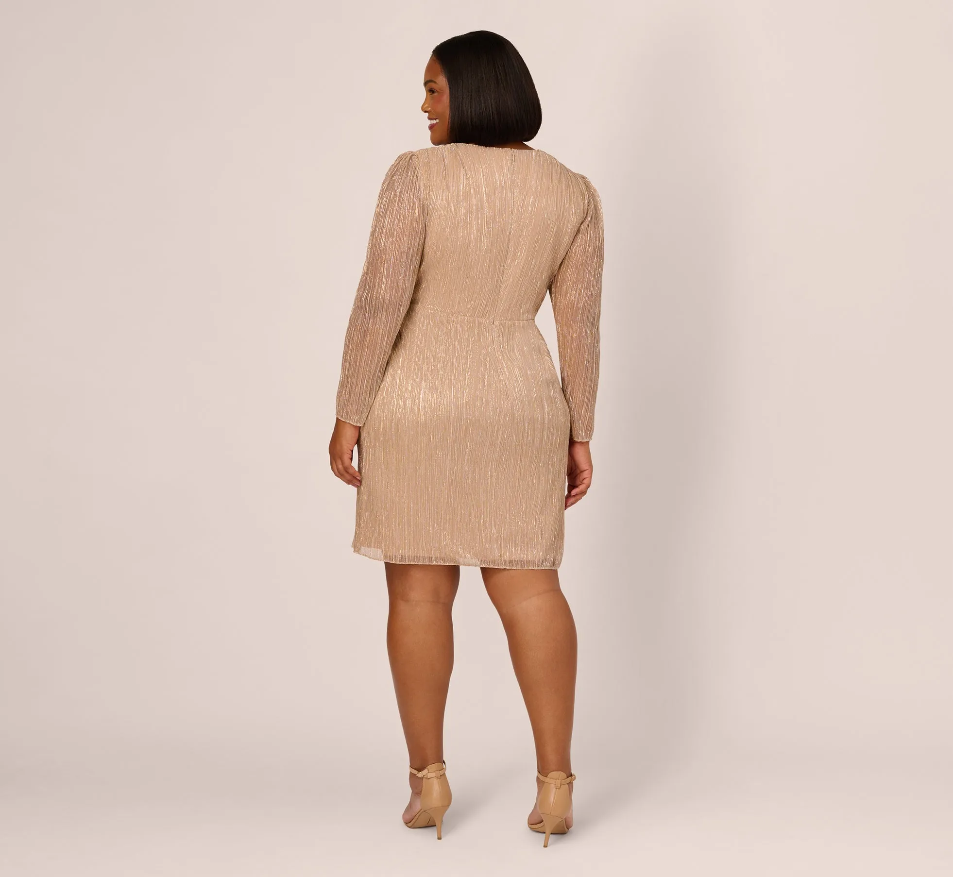 Plus Size Metallic Long Sleeve Dress With Draped Details In Light Gold sold by Adrianna Papell product image thumbnail 4