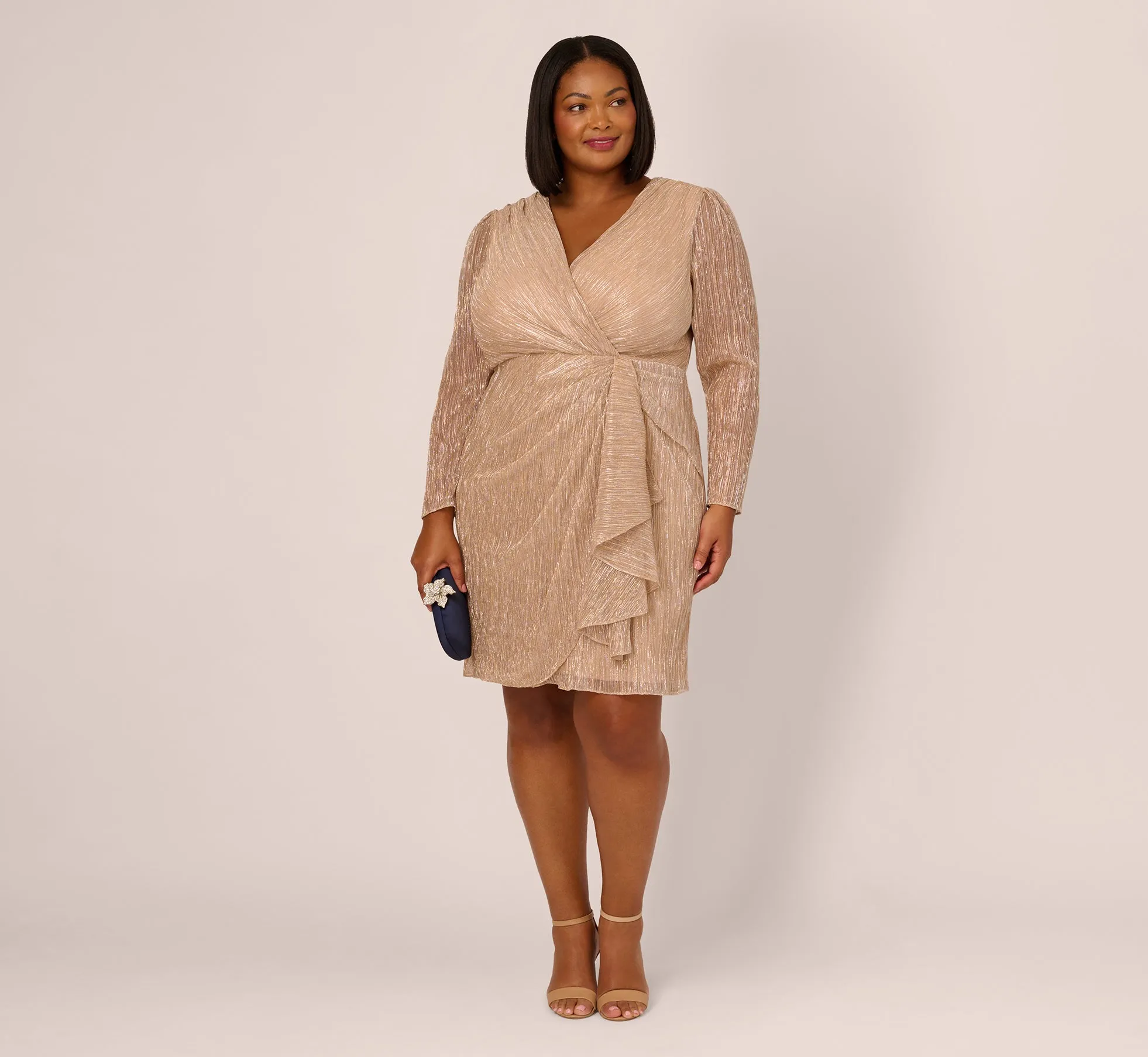 Plus Size Metallic Long Sleeve Dress With Draped Details In Light Gold sold by Adrianna Papell product image thumbnail 2
