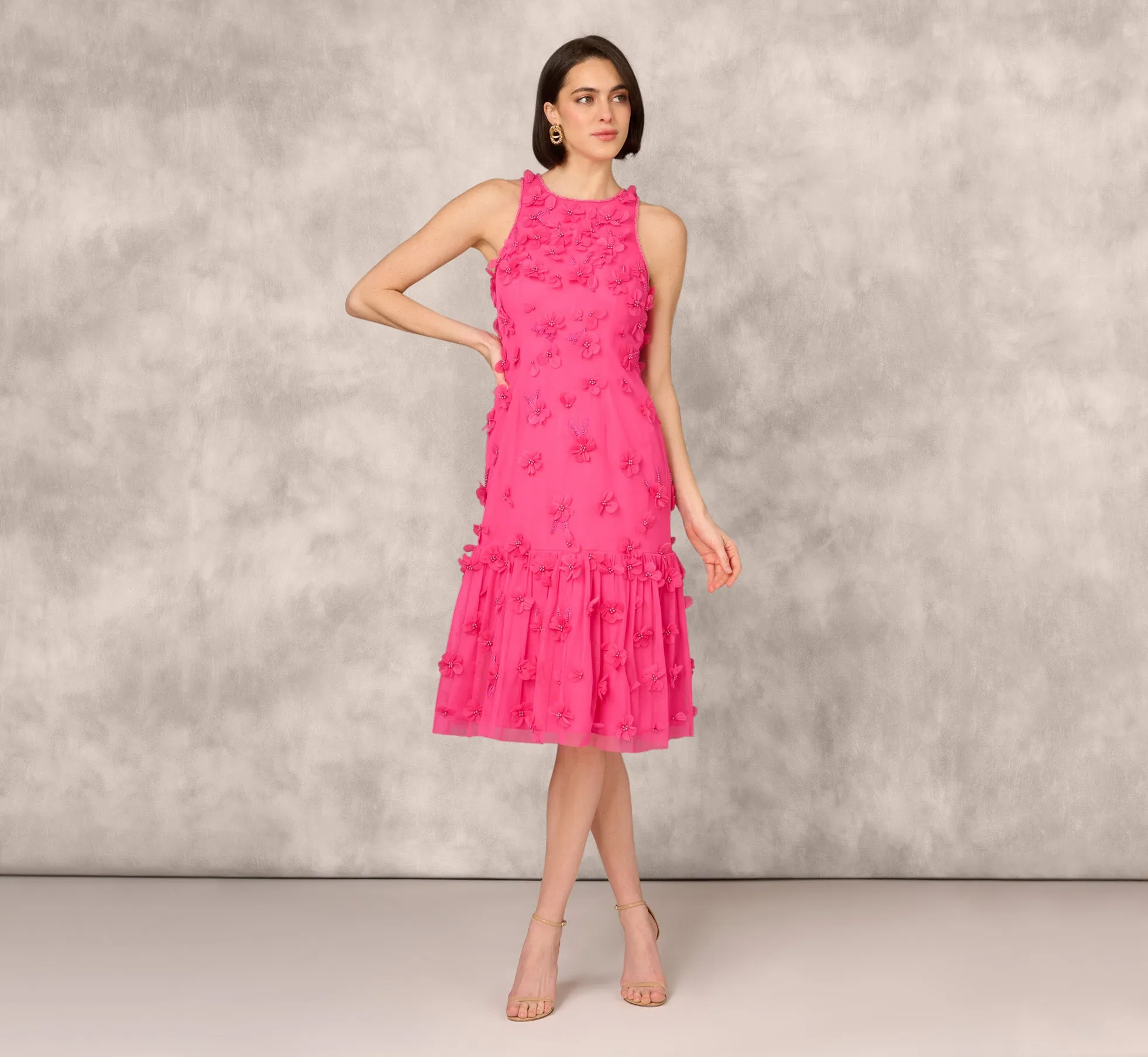 3D Floral And Bead Embellished Midi Dress With Flounce Skirt In Electric Pink sold by Adrianna Papell