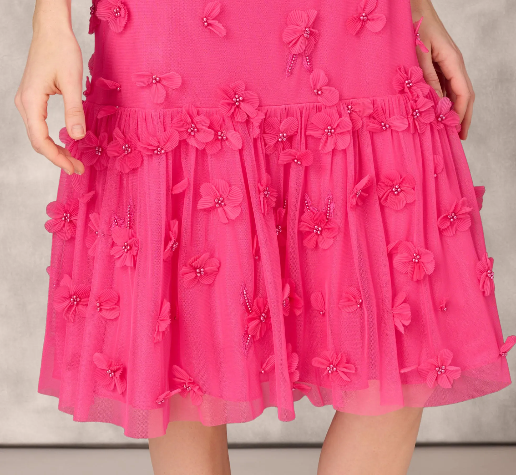3D Floral And Bead Embellished Midi Dress With Flounce Skirt In Electric Pink sold by Adrianna Papell product image thumbnail 5
