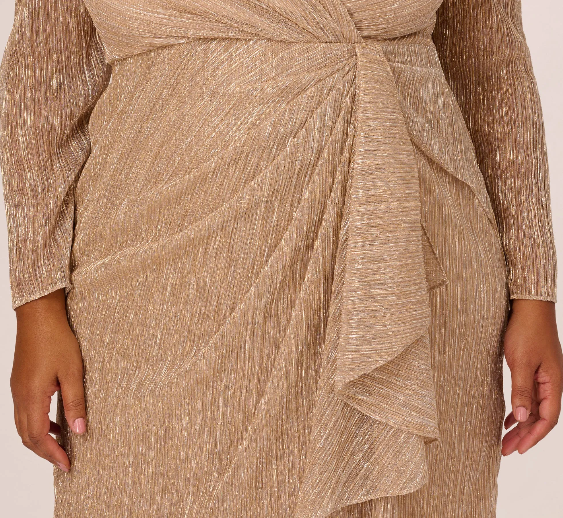 Plus Size Metallic Long Sleeve Dress With Draped Details In Light Gold sold by Adrianna Papell product image thumbnail 3
