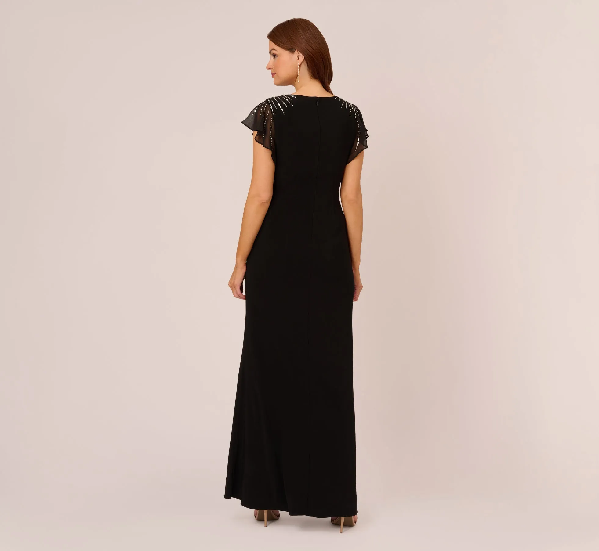 Flutter Sleeve Mermaid Gown With Beaded Details In Black sold by Adrianna Papell product image thumbnail 4
