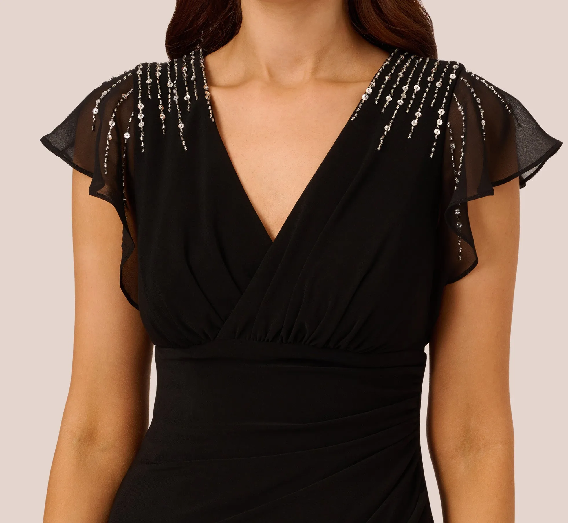 Flutter Sleeve Mermaid Gown With Beaded Details In Black sold by Adrianna Papell product image thumbnail 3