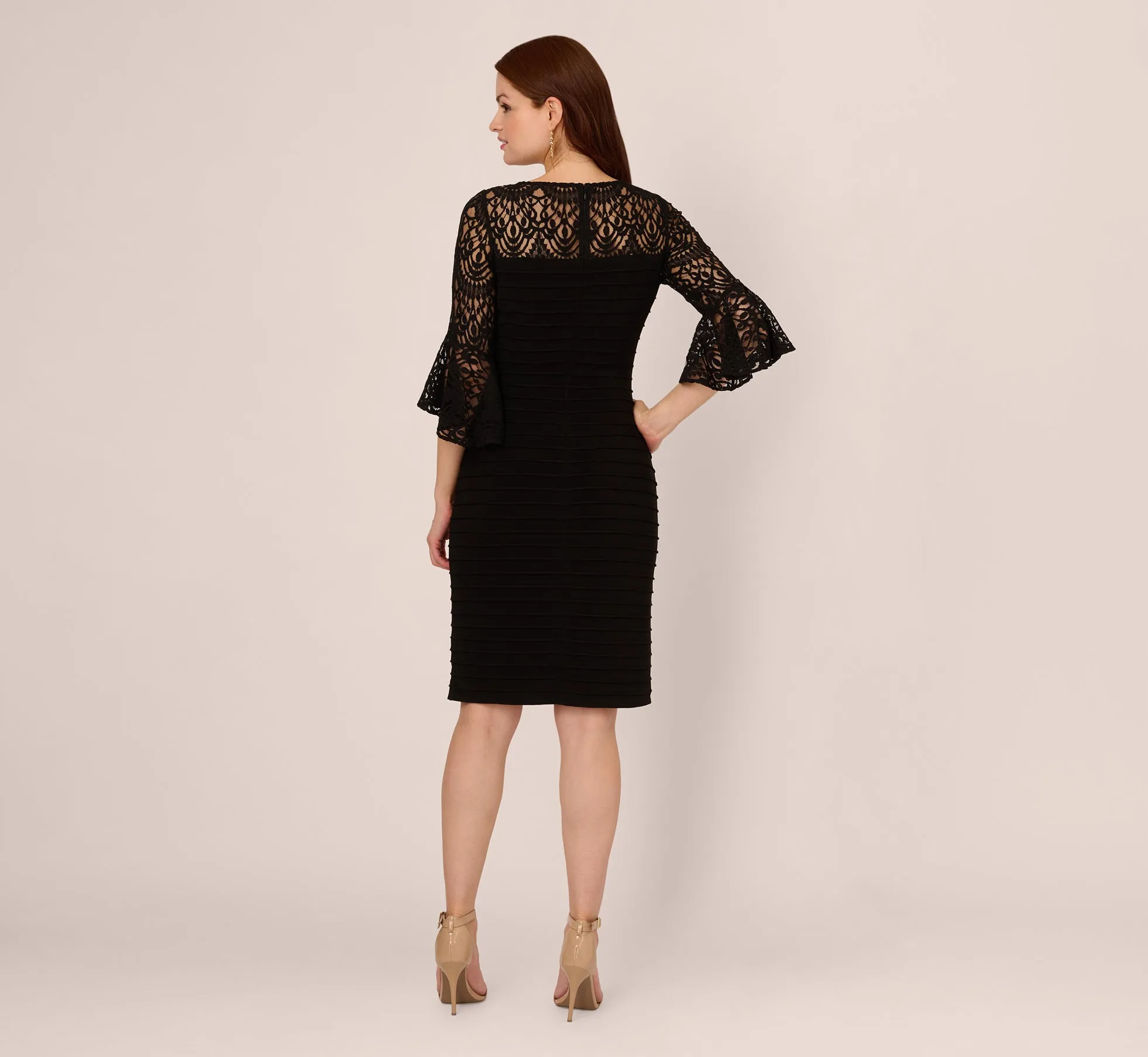 Banded Jersey Dress With Sheer Lace Bell Sleeves In Black sold by Adrianna Papell product image thumbnail 4