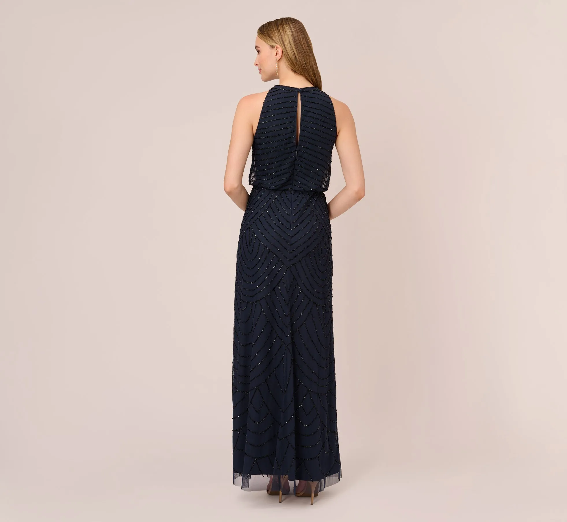 Art Deco Beaded Blouson Dress With Halter Neckline In Navy Black sold by Adrianna Papell product image thumbnail 4