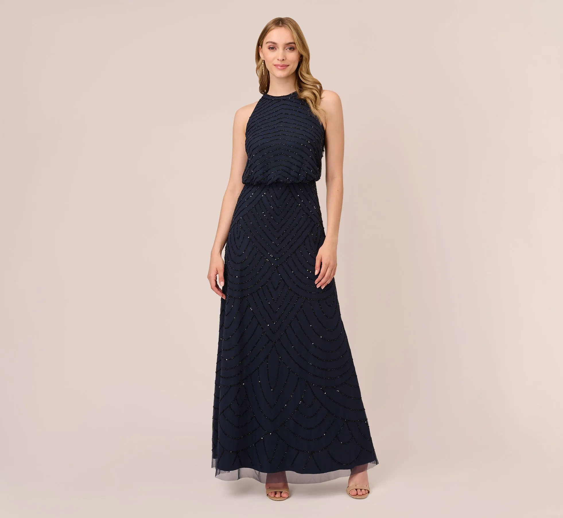 Art Deco Beaded Blouson Dress With Halter Neckline In Navy Black sold by Adrianna Papell