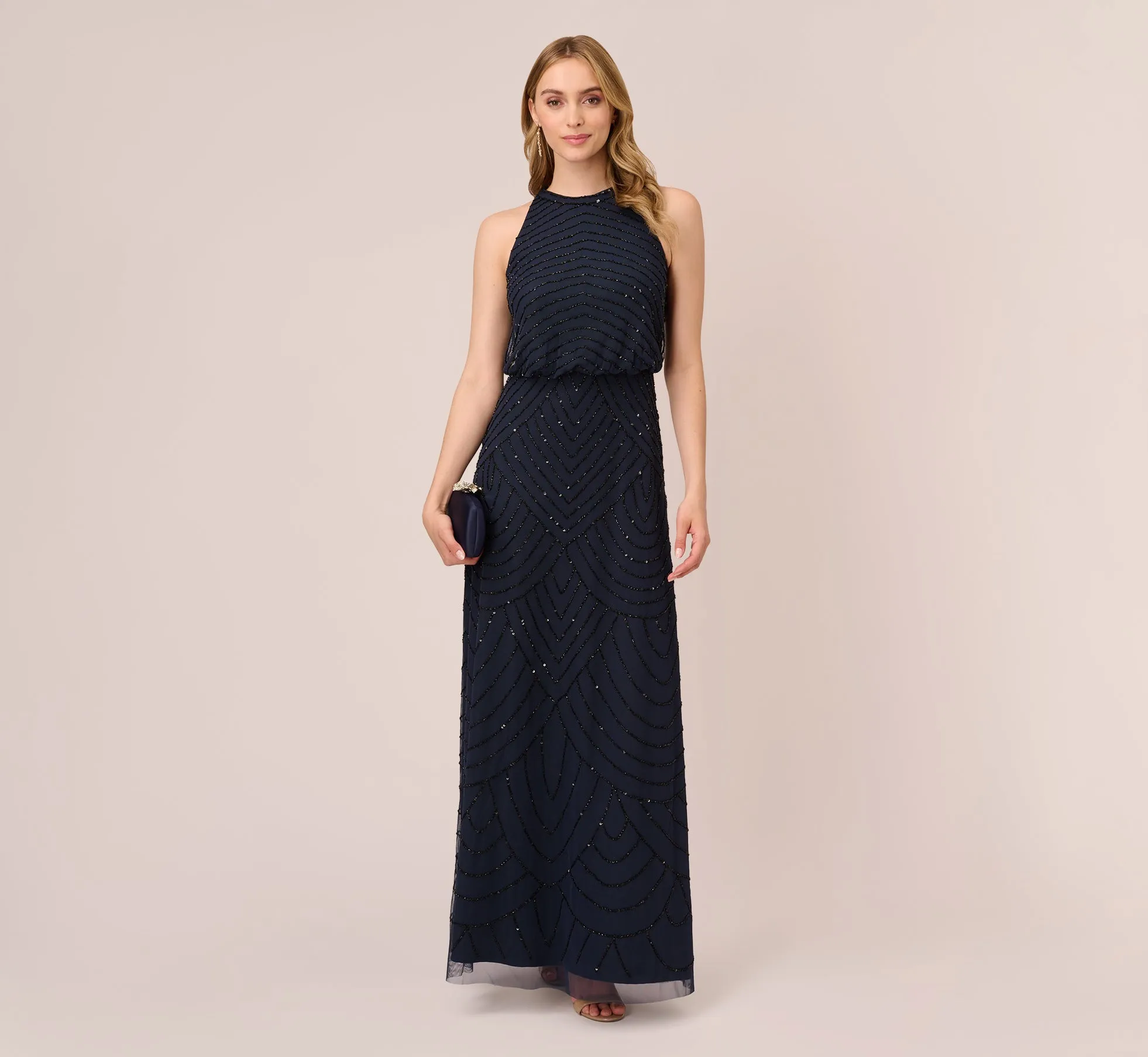 Art Deco Beaded Blouson Dress With Halter Neckline In Navy Black sold by Adrianna Papell product image thumbnail 2