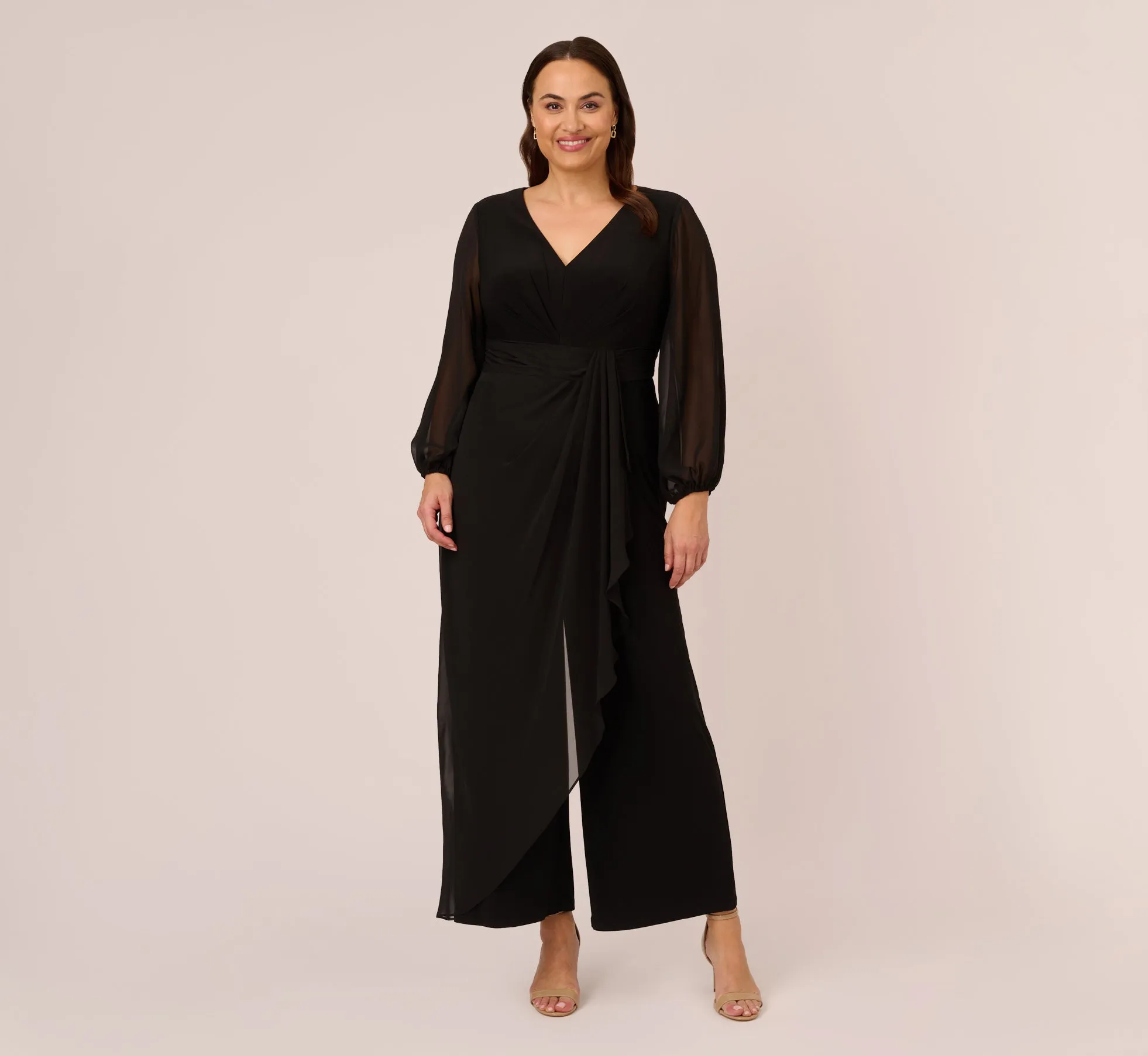 Plus Size Long Sleeve Jersey Jumpsuit With Chiffon Details In Black sold by Adrianna Papell