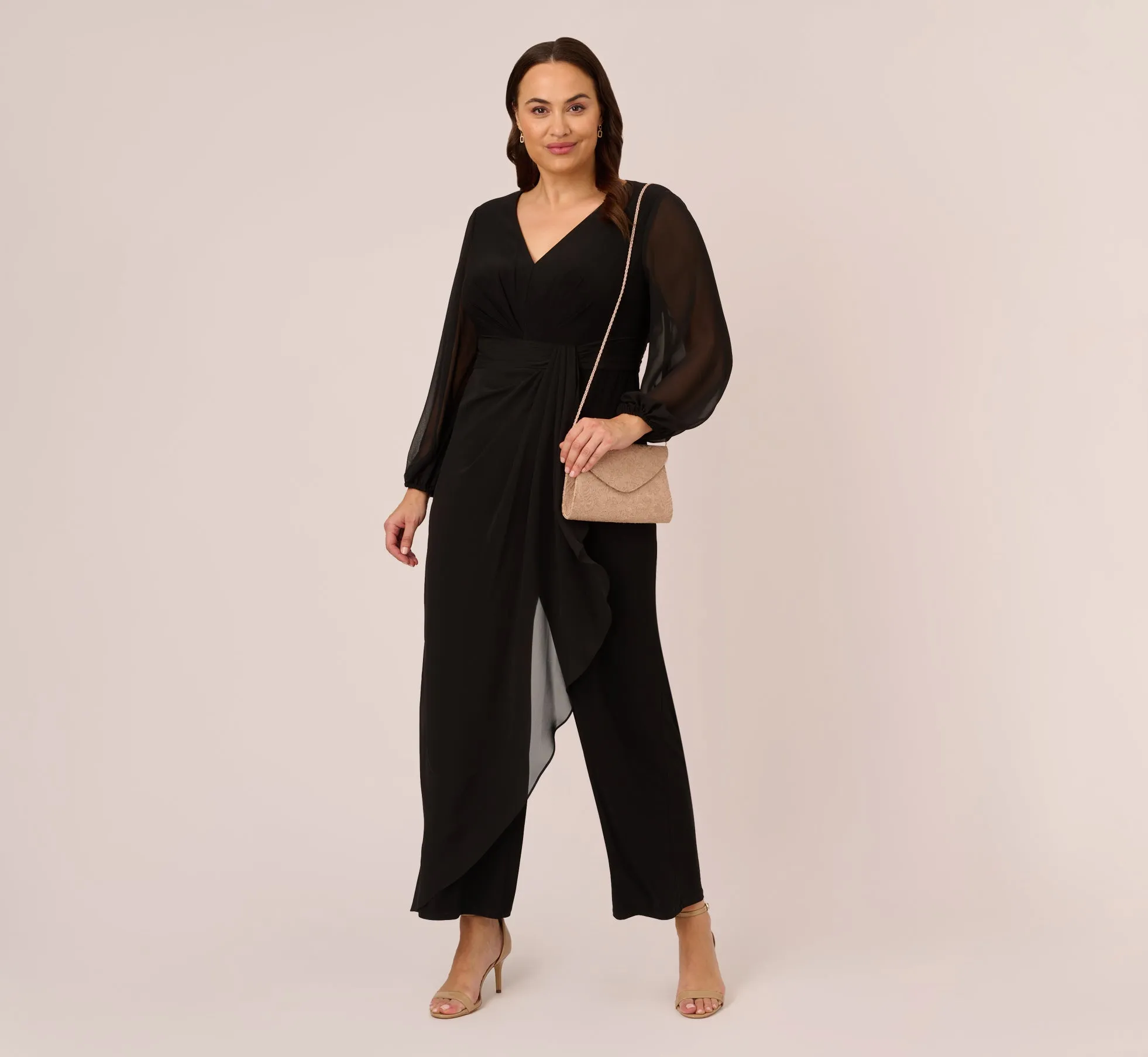 Plus Size Long Sleeve Jersey Jumpsuit With Chiffon Details In Black sold by Adrianna Papell product image thumbnail 2