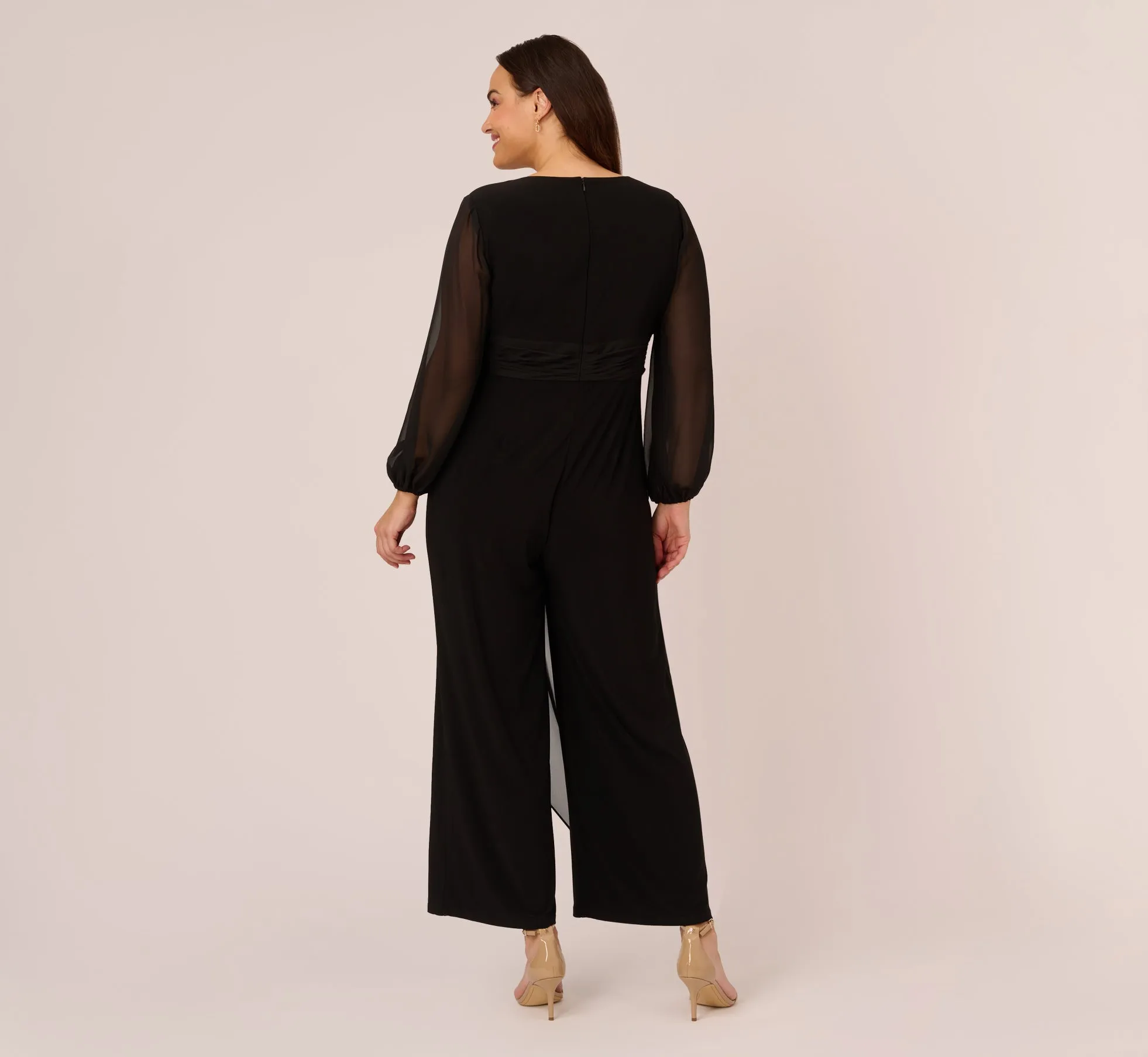 Plus Size Long Sleeve Jersey Jumpsuit With Chiffon Details In Black sold by Adrianna Papell product image thumbnail 4