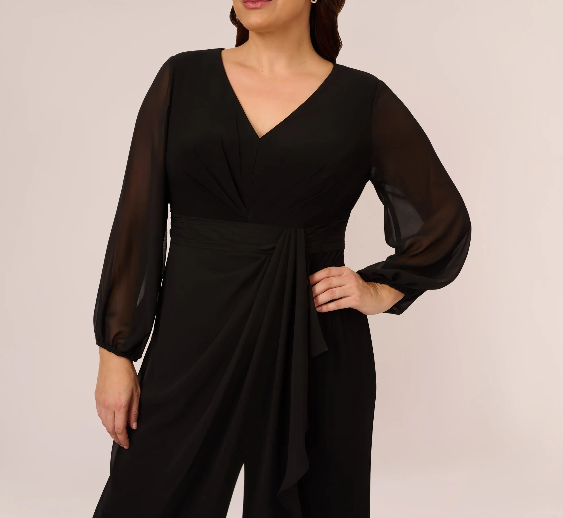 Plus Size Long Sleeve Jersey Jumpsuit With Chiffon Details In Black sold by Adrianna Papell product image thumbnail 3