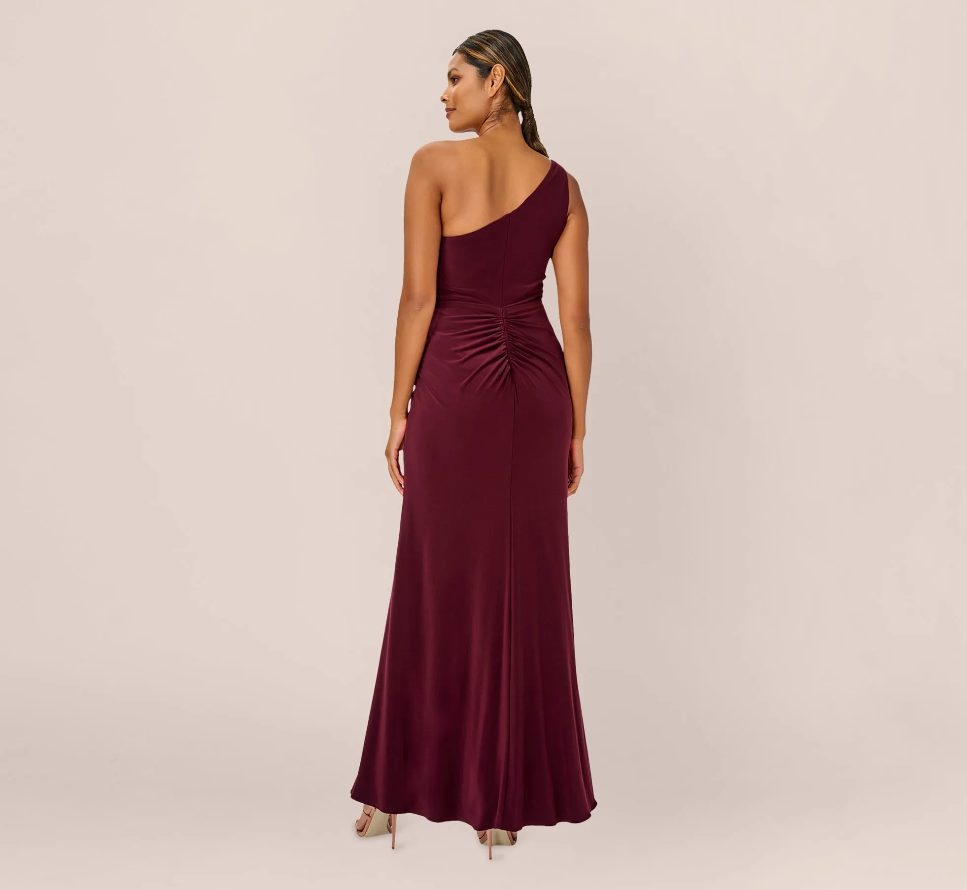 One Shoulder Dress With Draped Waist Detail In Red Wine sold by Adrianna Papell product image thumbnail 4