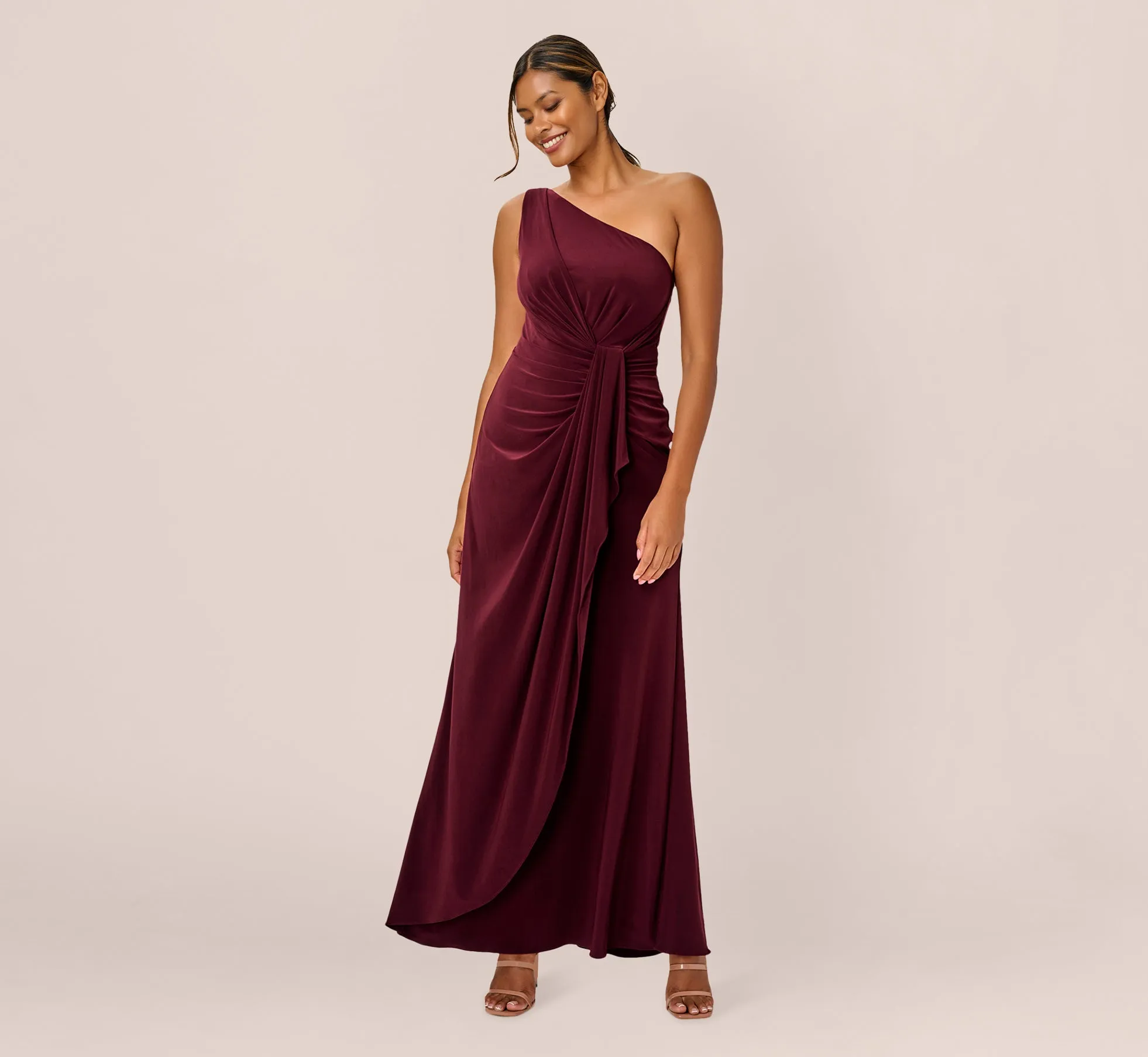 One Shoulder Dress With Draped Waist Detail In Red Wine sold by Adrianna Papell