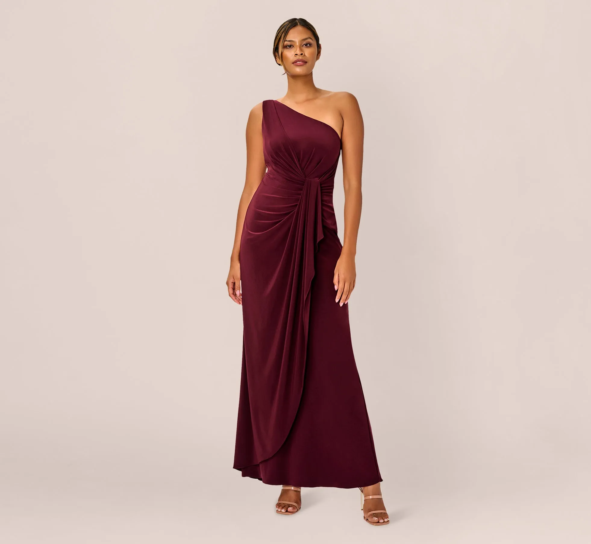 One Shoulder Dress With Draped Waist Detail In Red Wine sold by Adrianna Papell product image thumbnail 2