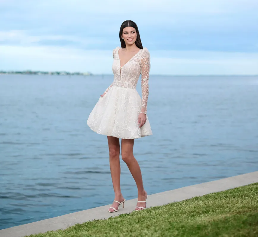 All Over Lace Short Skirt With Slight Puff Shoulders In Ivory Nude sold by Adrianna Papell