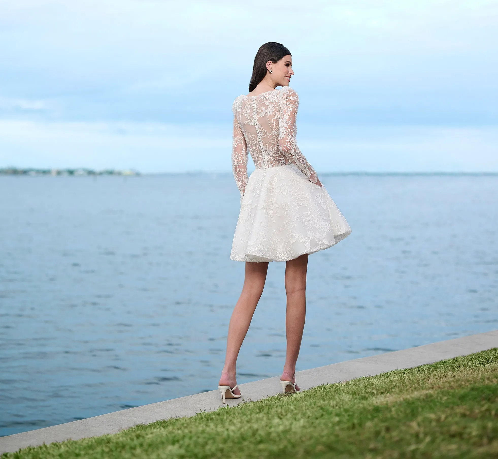 All Over Lace Short Skirt With Slight Puff Shoulders In Ivory Nude sold by Adrianna Papell product image thumbnail 3