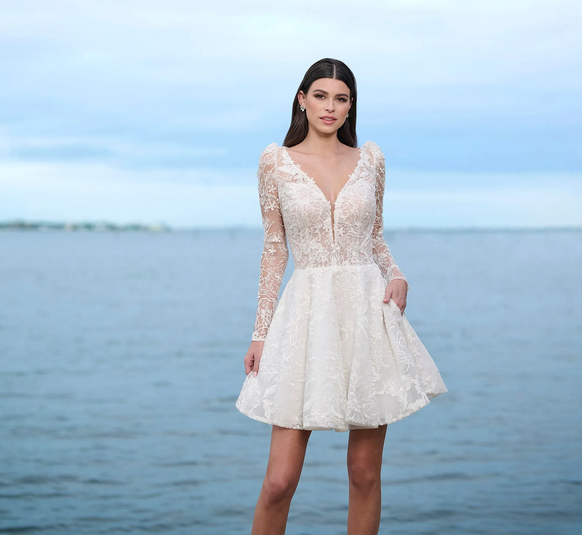 All Over Lace Short Skirt With Slight Puff Shoulders In Ivory Nude sold by Adrianna Papell product image thumbnail 2