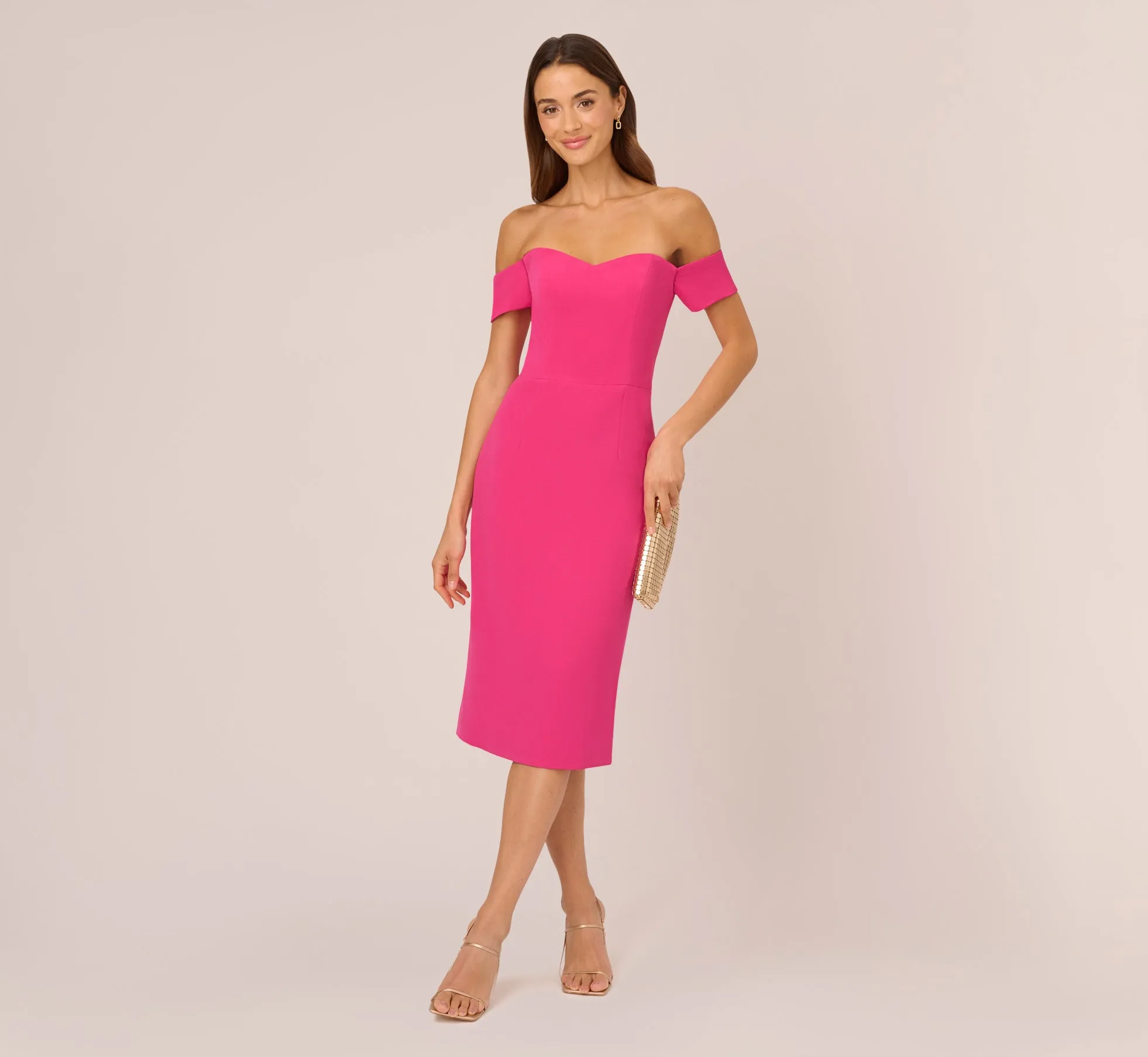 Off The Shoulder Midi Dress With Sweetheart Neckline In Brilliant Fuchsia sold by Adrianna Papell product image thumbnail 3