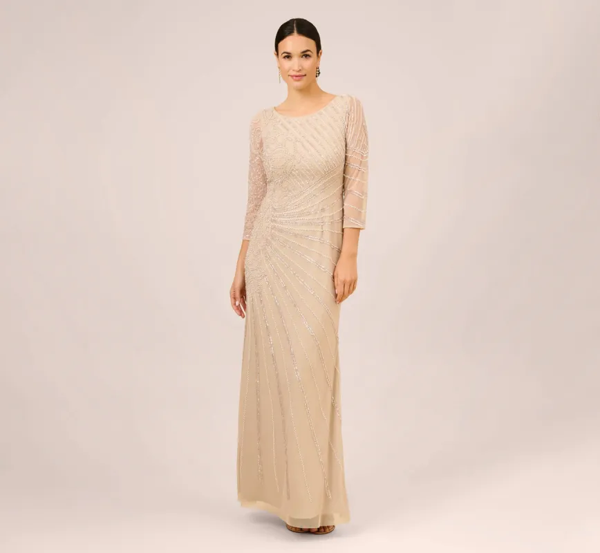Hand-Beaded Three-Quarter Sleeve Long Gown In Biscotti sold by Adrianna Papell