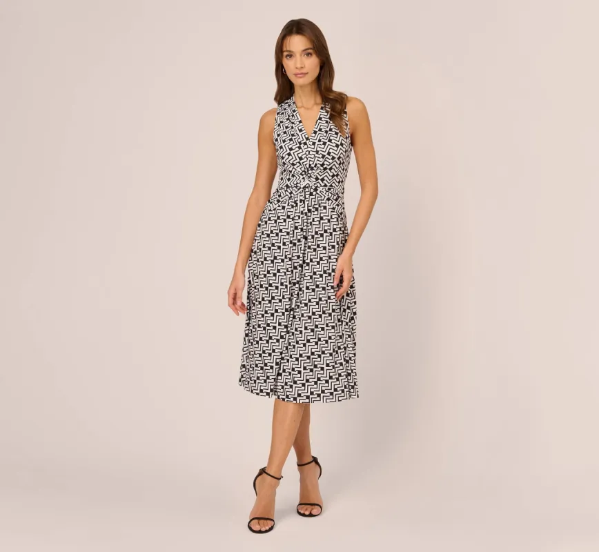 Sleeveless Geo Print Midi Dress With Knotted Detail In Black White sold by Adrianna Papell