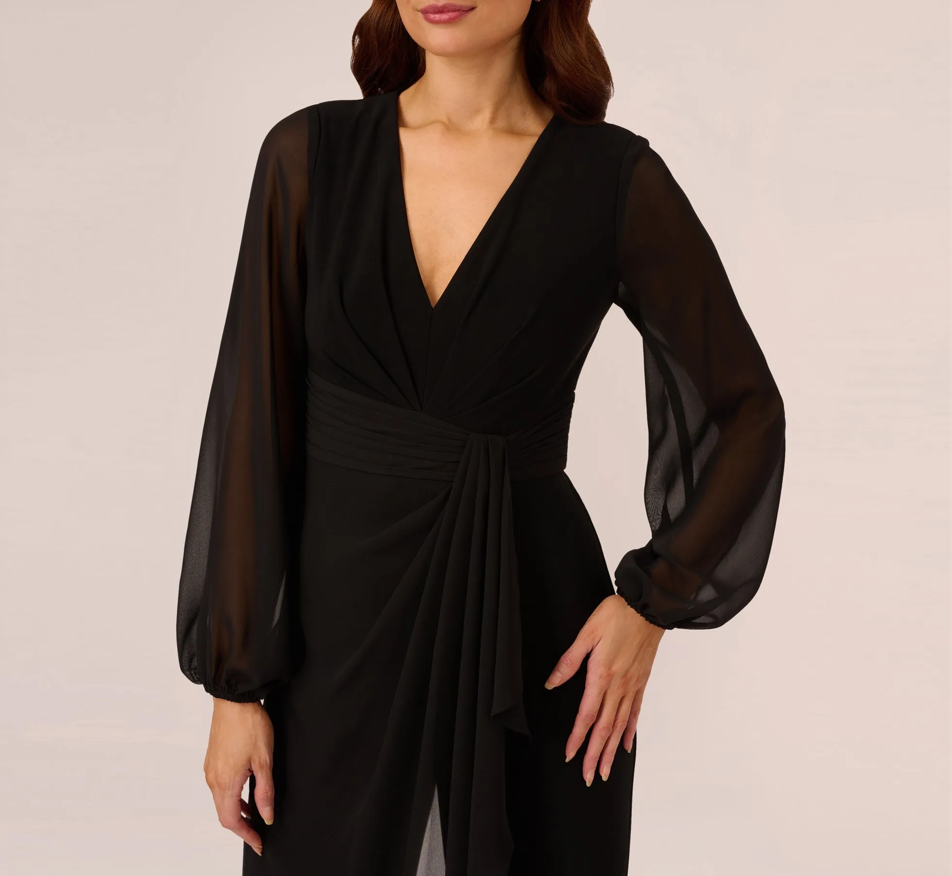 Long Sleeve Jersey Jumpsuit With Chiffon Details In Black sold by Adrianna Papell product image thumbnail 3