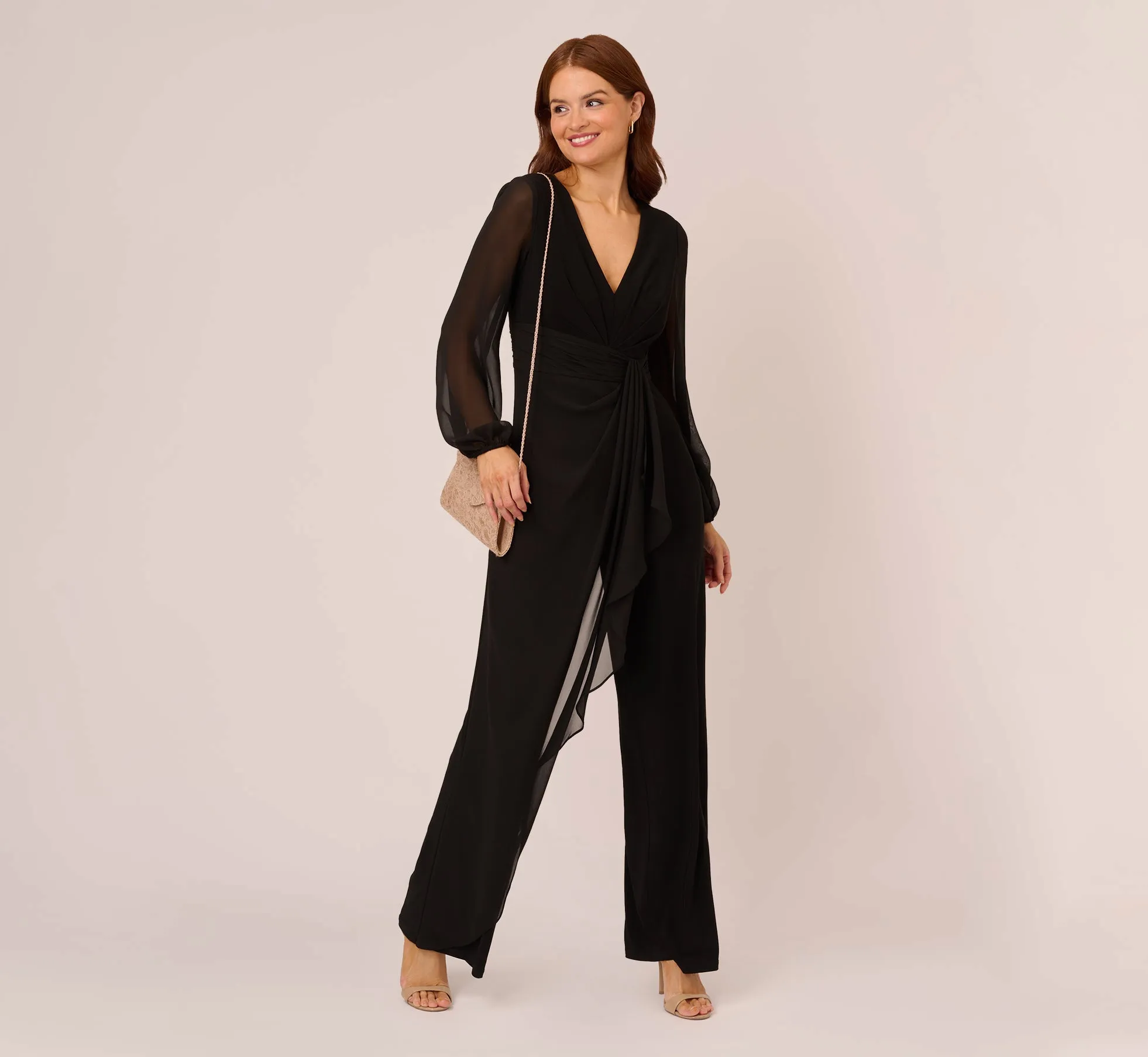 Long Sleeve Jersey Jumpsuit With Chiffon Details In Black sold by Adrianna Papell product image thumbnail 2