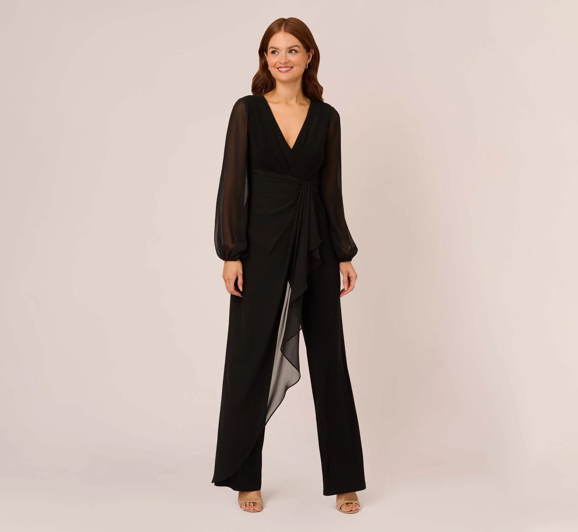 Long Sleeve Jersey Jumpsuit With Chiffon Details In Black sold by Adrianna Papell