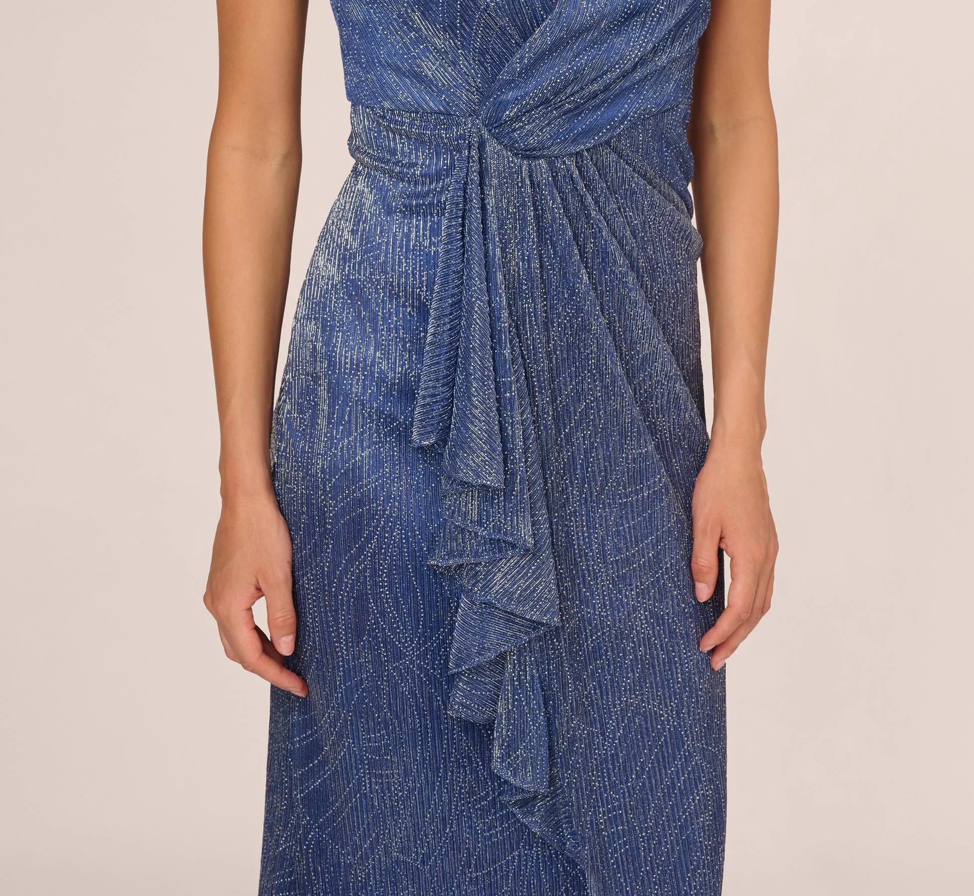 Metallic Mesh Faux Wrap Gown With Ruffle Accents In Light Navy sold by Adrianna Papell product image thumbnail 5