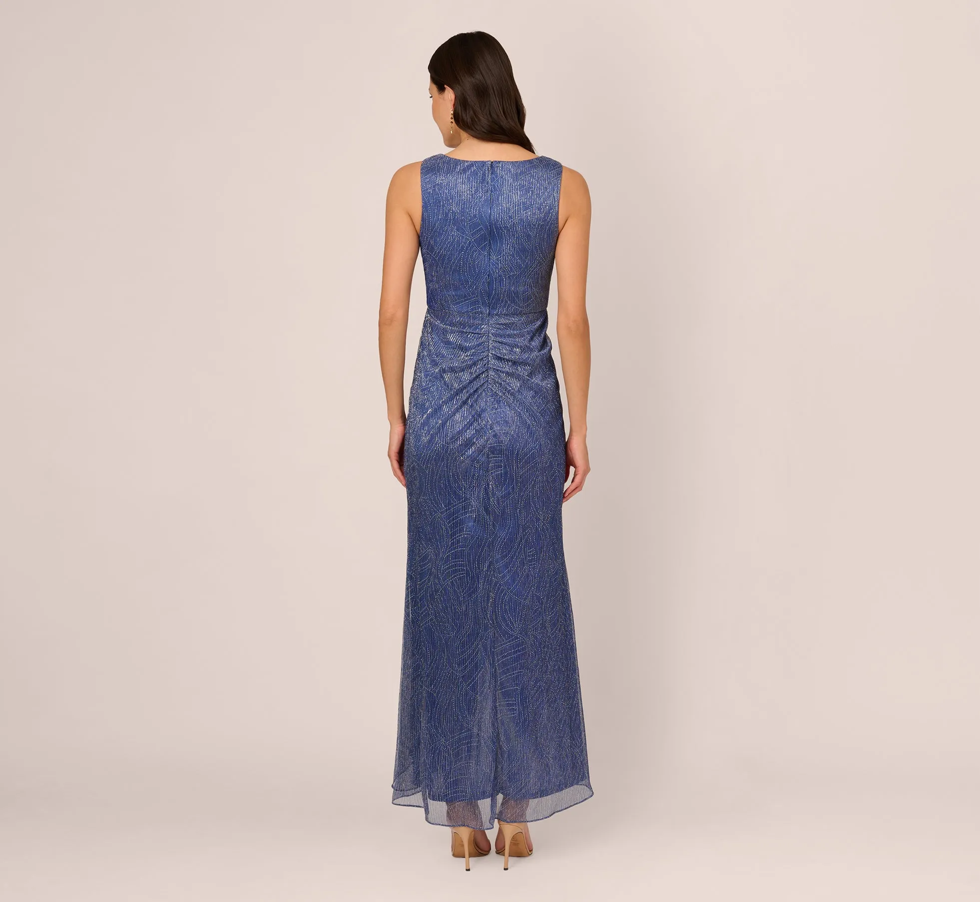 Metallic Mesh Faux Wrap Gown With Ruffle Accents In Light Navy sold by Adrianna Papell product image thumbnail 4