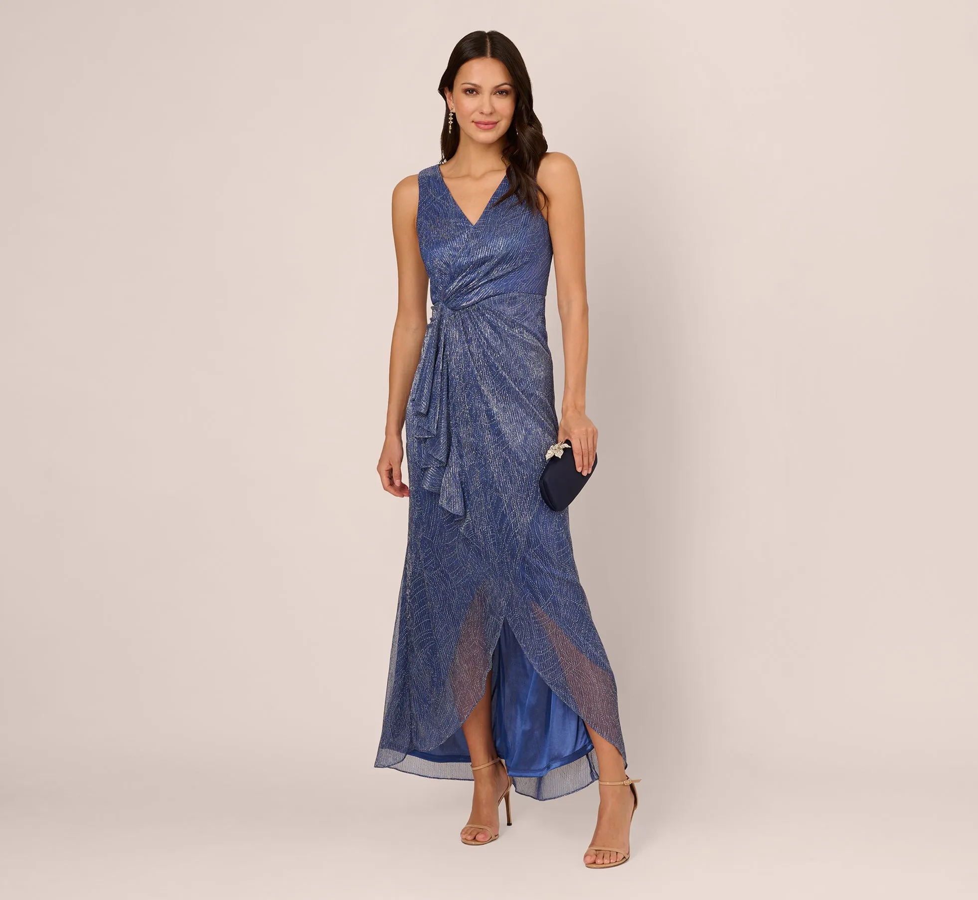 Metallic Mesh Faux Wrap Gown With Ruffle Accents In Light Navy sold by Adrianna Papell product image thumbnail 2