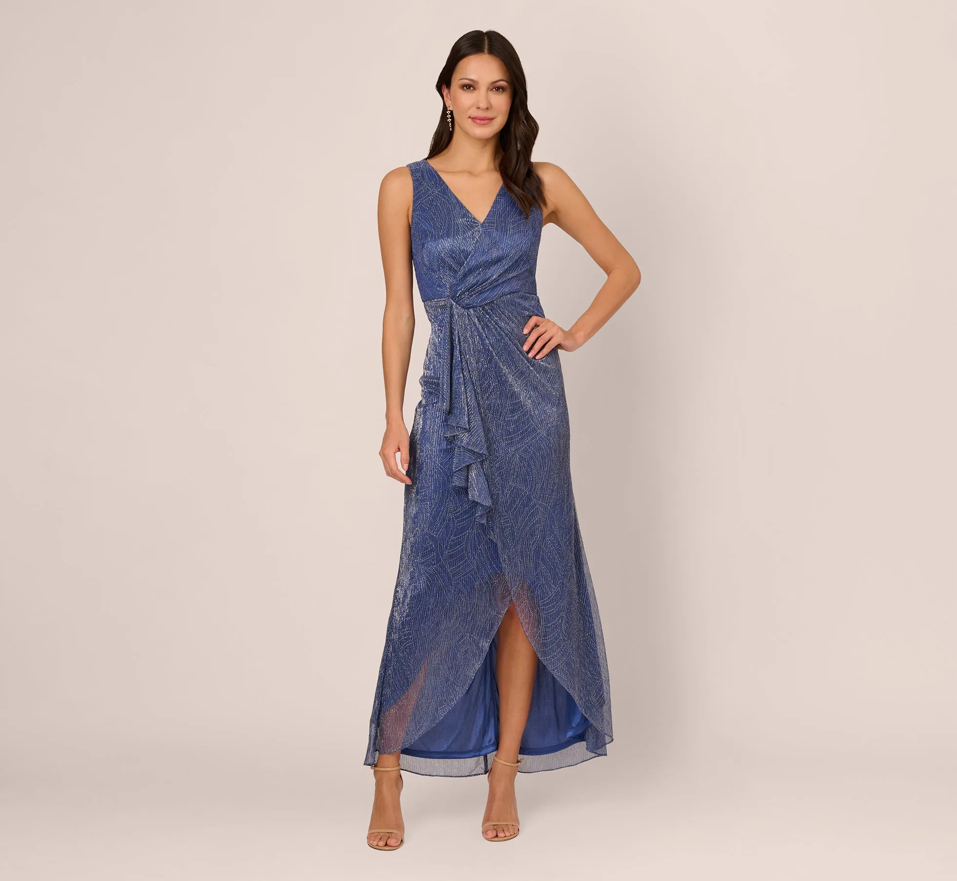 Metallic Mesh Faux Wrap Gown With Ruffle Accents In Light Navy sold by Adrianna Papell