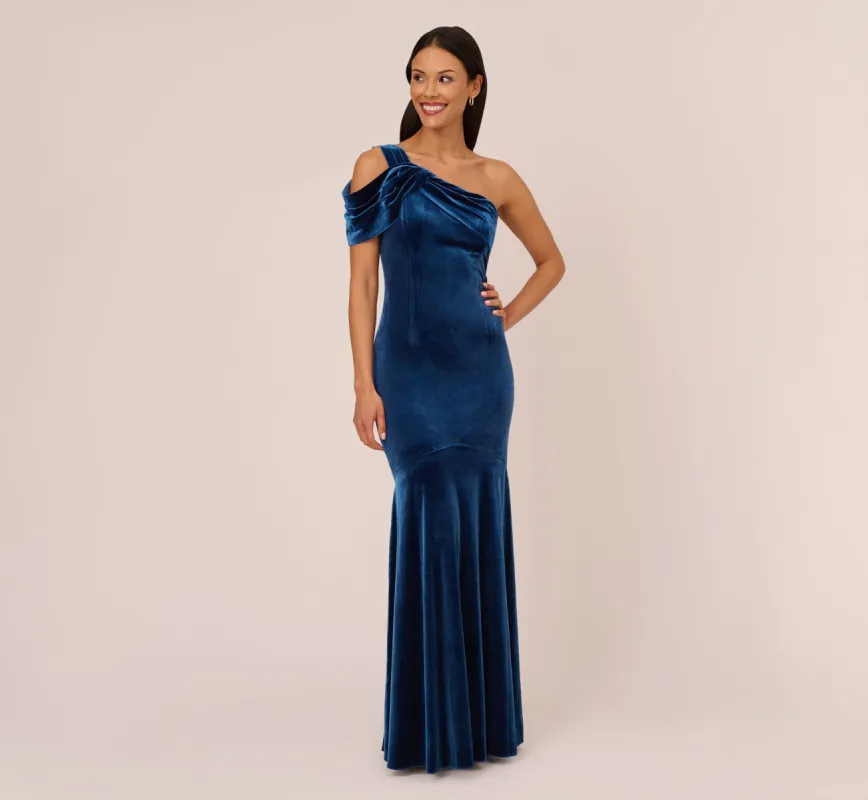 One Shoulder Velvet Mermaid Gown With Drape Sleeve In Ocean Wave sold by Adrianna Papell