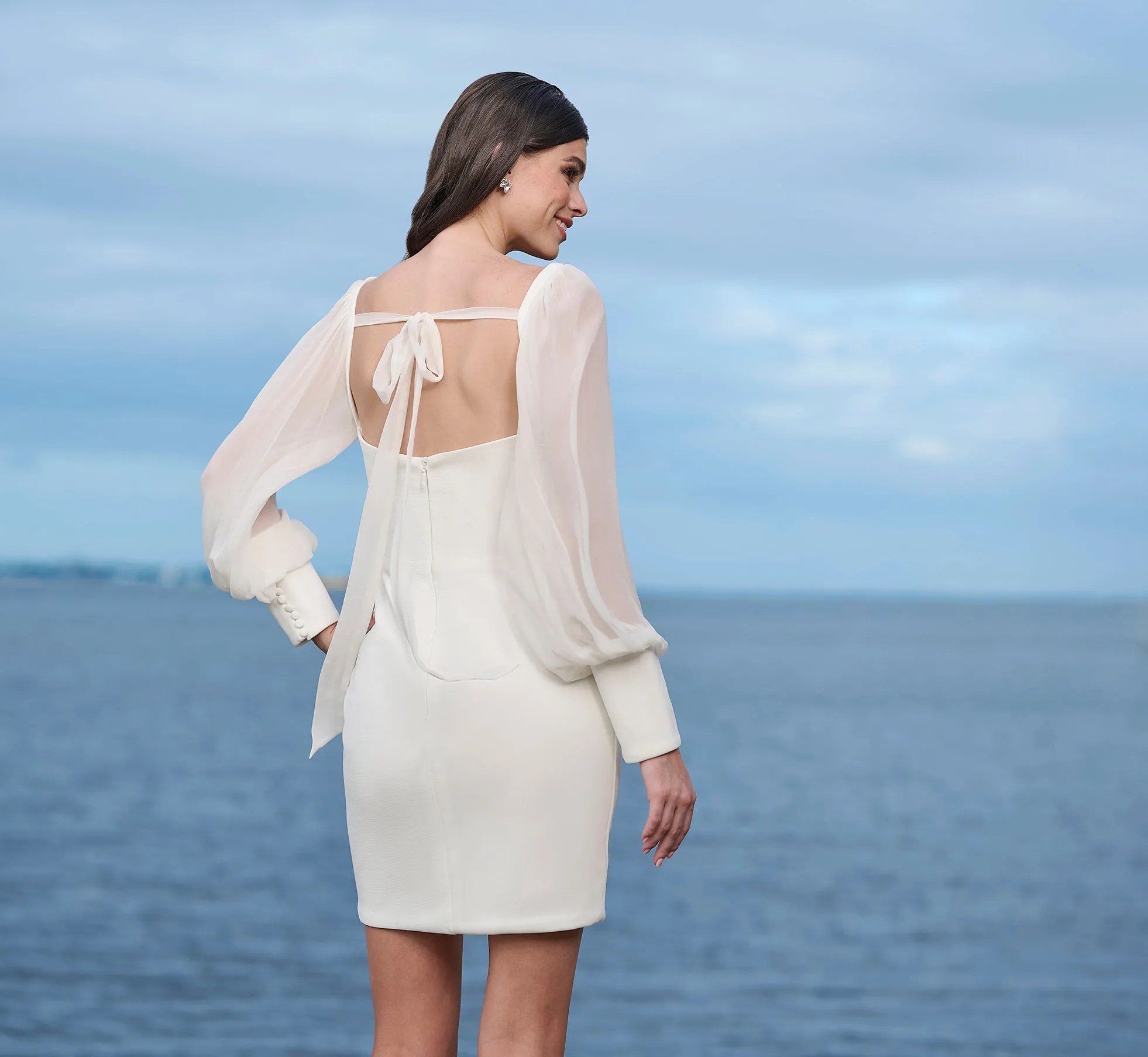 Crepe Short Skirt With Silk Chiffon Sleeves And Tie-Bow Back Straps In Ivory sold by Adrianna Papell product image thumbnail 3