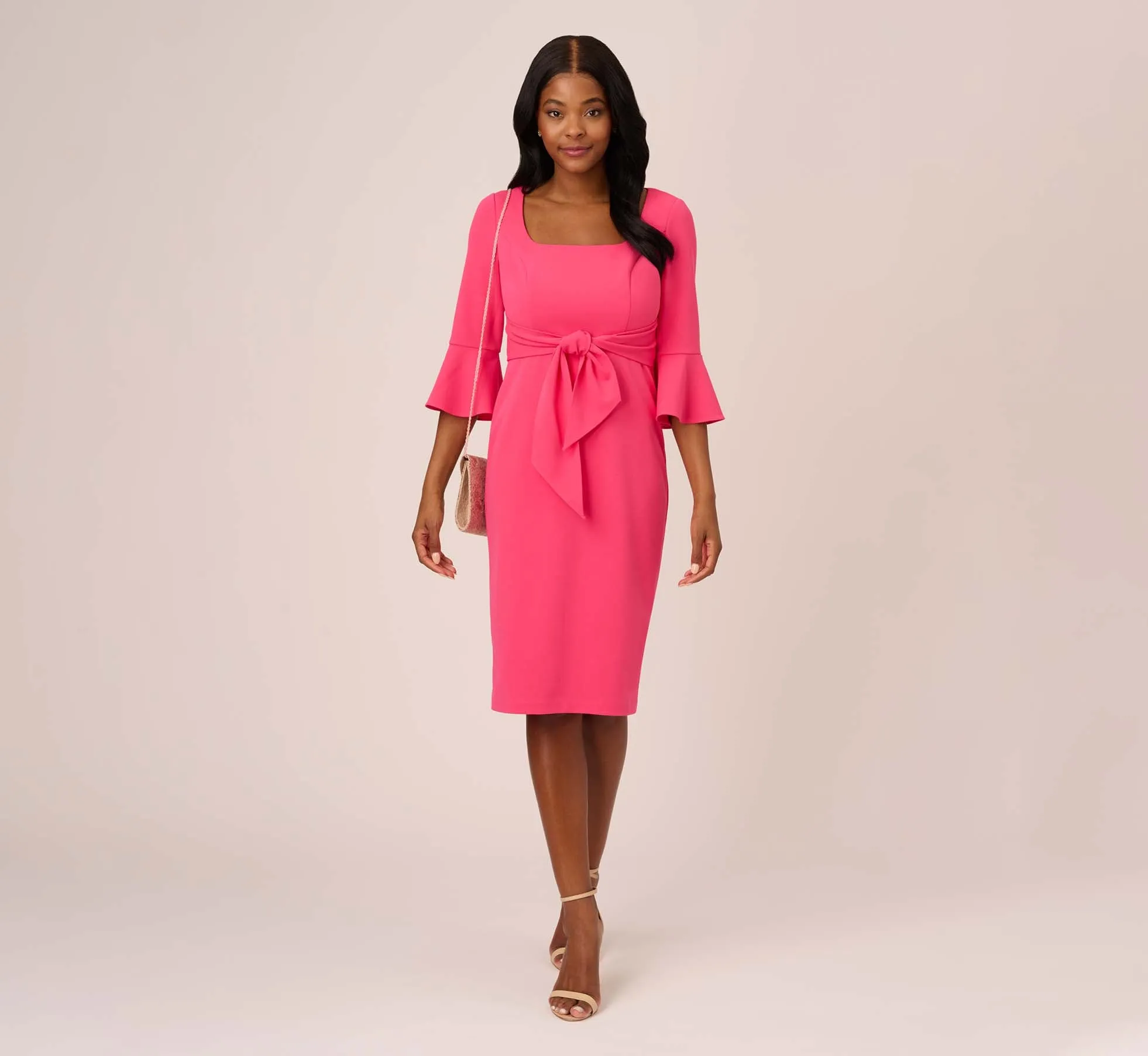 Stretch Knit Crepe Tie-Front Midi-Length Sheath Dress In Camellia sold by Adrianna Papell product image thumbnail 3
