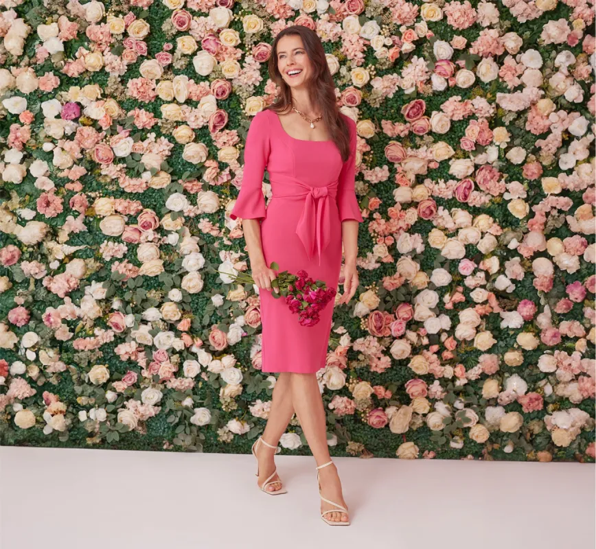 Stretch Knit Crepe Tie-Front Midi-Length Sheath Dress In Camellia sold by Adrianna Papell