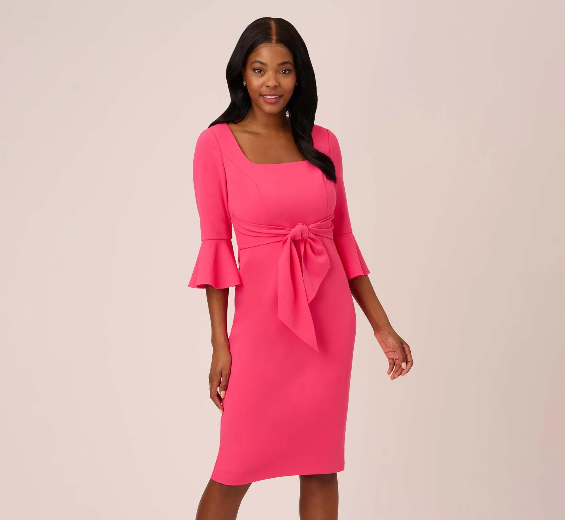 Stretch Knit Crepe Tie-Front Midi-Length Sheath Dress In Camellia sold by Adrianna Papell product image thumbnail 2