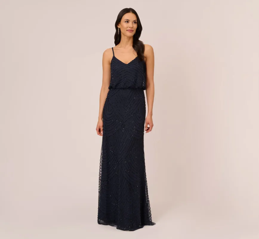 Art Deco Beaded Blouson Gown In Navy Black sold by Adrianna Papell