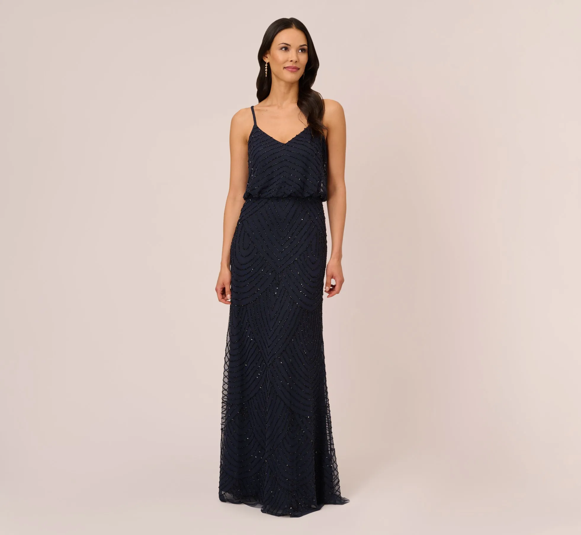Art Deco Beaded Blouson Gown In Navy Black sold by Adrianna Papell