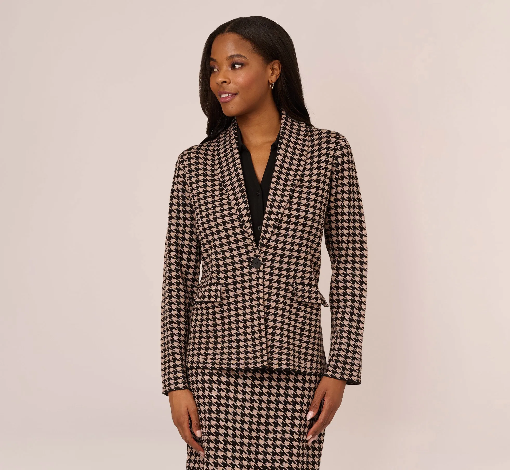 Houndstooth Blazer With Shawl Collar In Dusty Camel Soft Houndstooth sold by Adrianna Papell