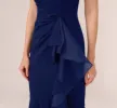 High Low Crepe Halter Gown With Organza Draping In Navy Sateen sold by Adrianna Papell